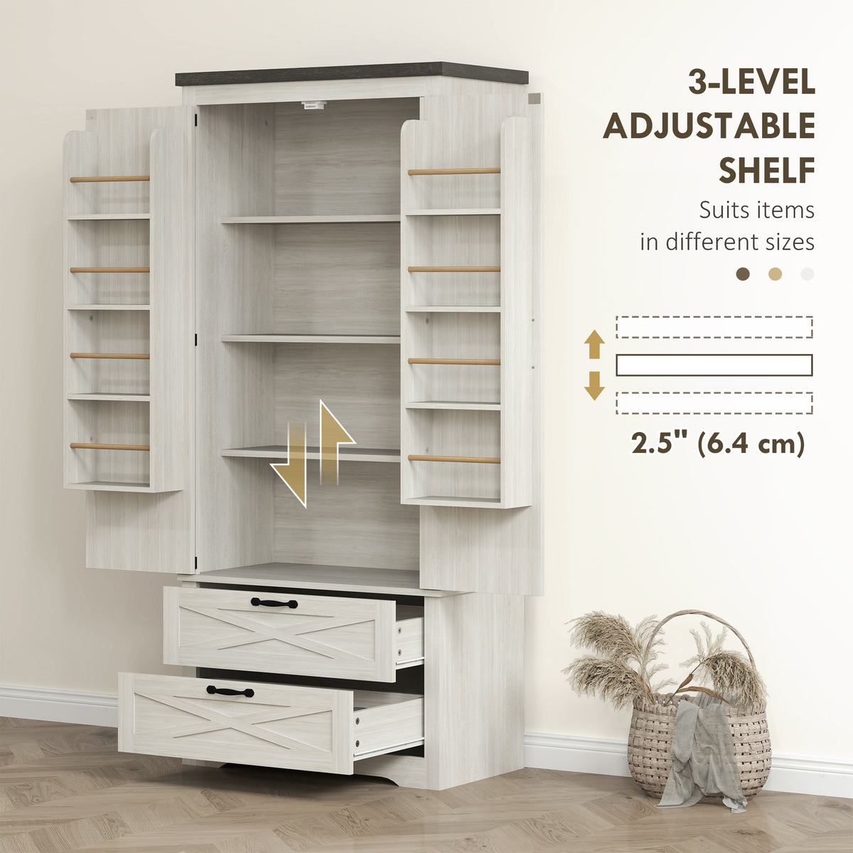 Freestanding Kitchen Pantry Cabinet with Drawers – 29"W x 64"H