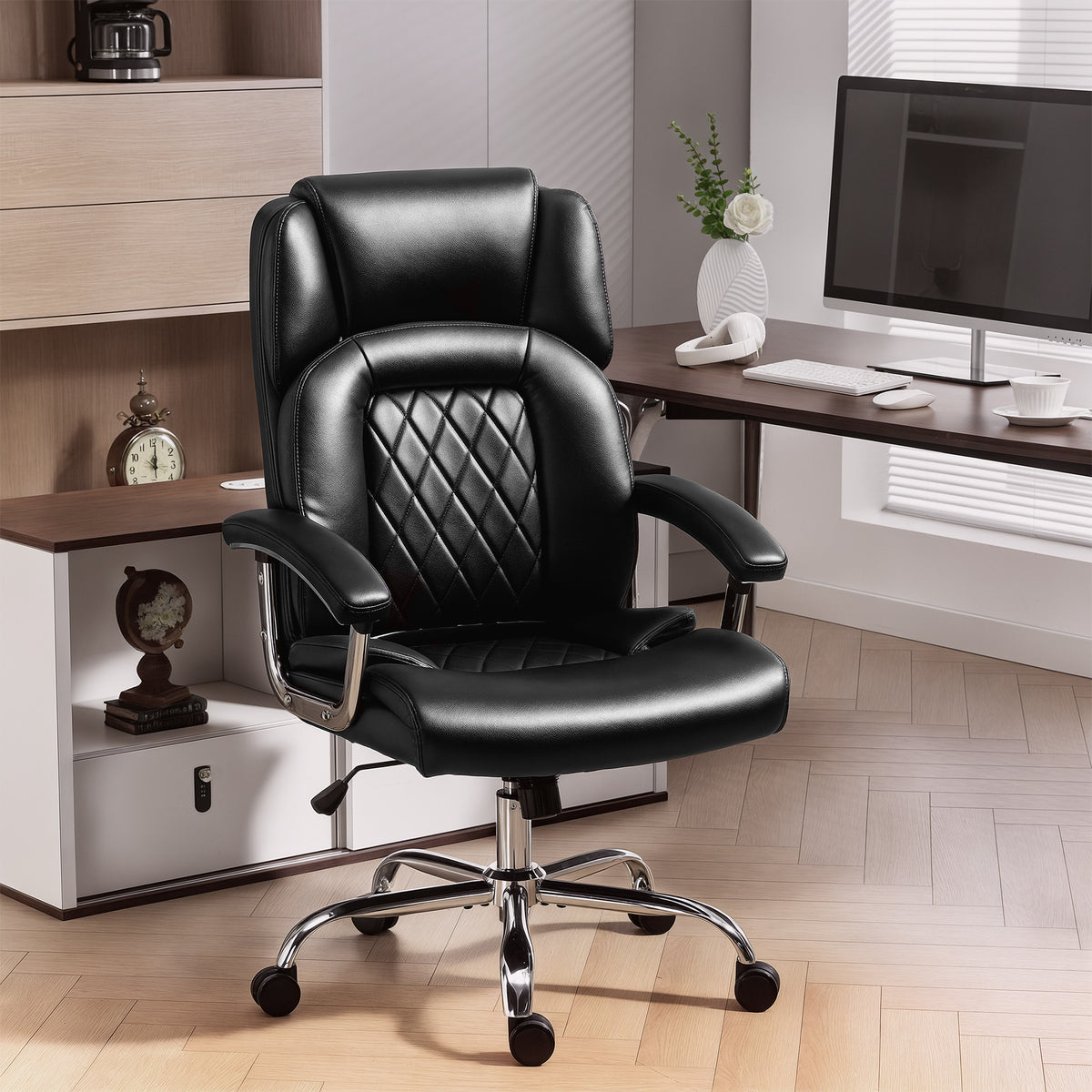 Big and Tall Office Chair 400 lbs, Desk Chair with Spring Cushion, PU Leather, Black