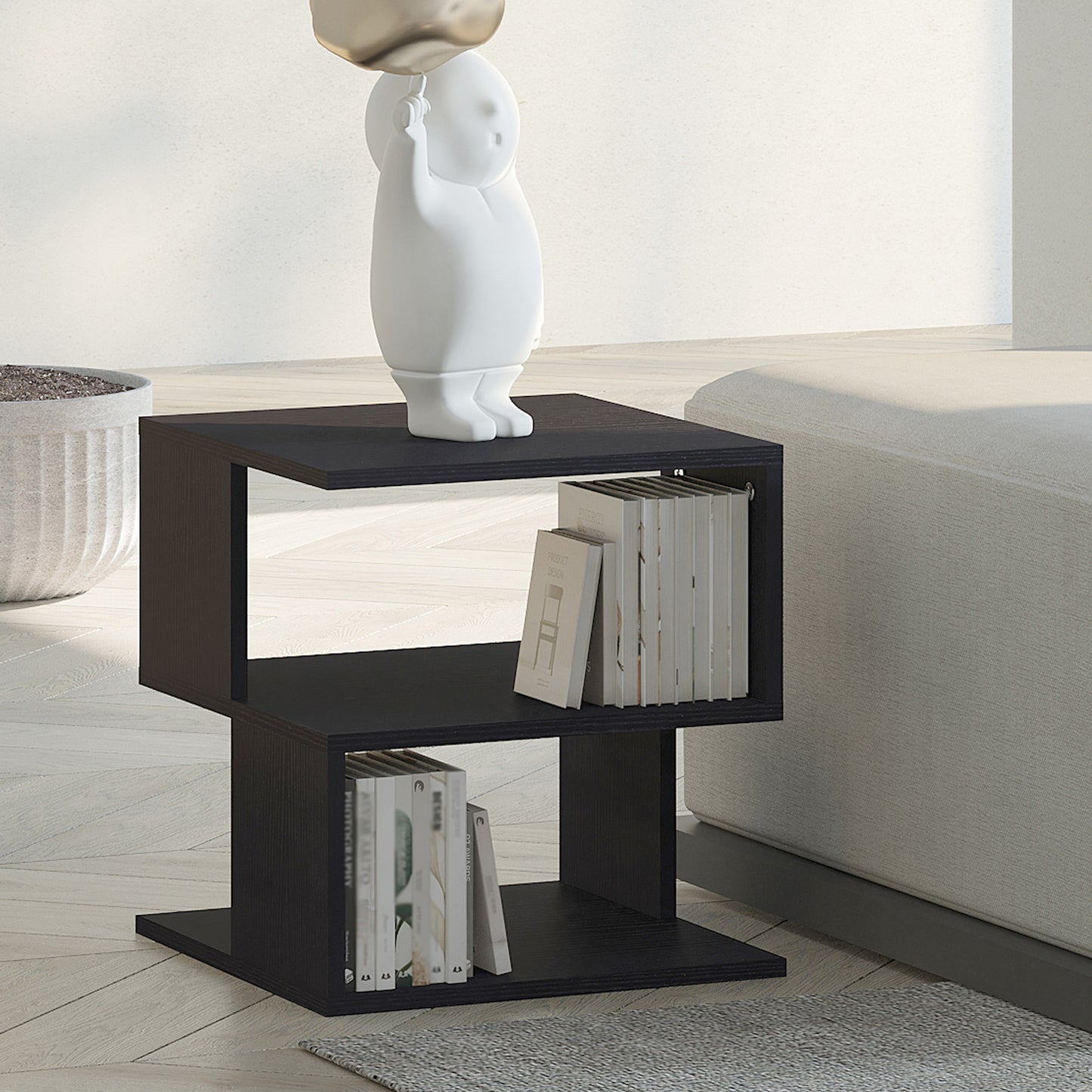 Modern Square 3-Tier Wood Coffee Side End Table with Storage Shelves Black