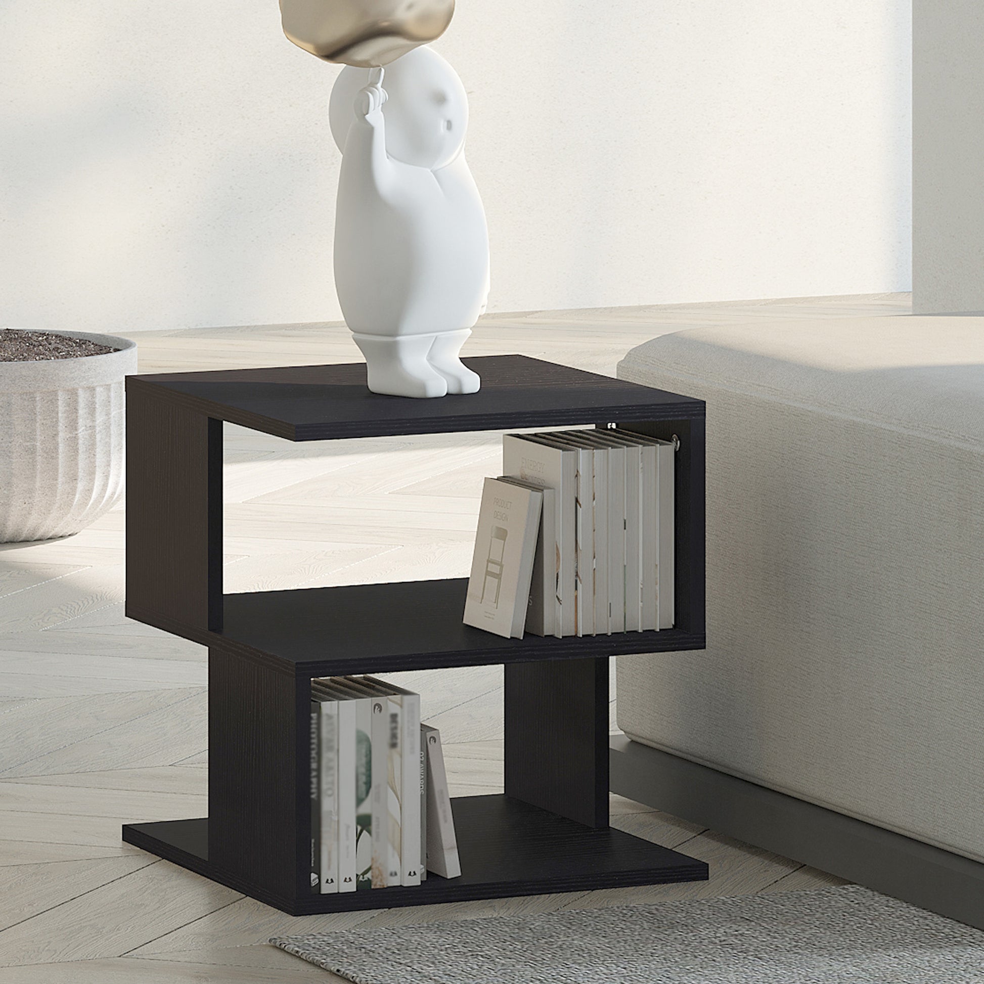 Modern Square 3-Tier Wood Coffee Side End Table with Storage Shelves Black