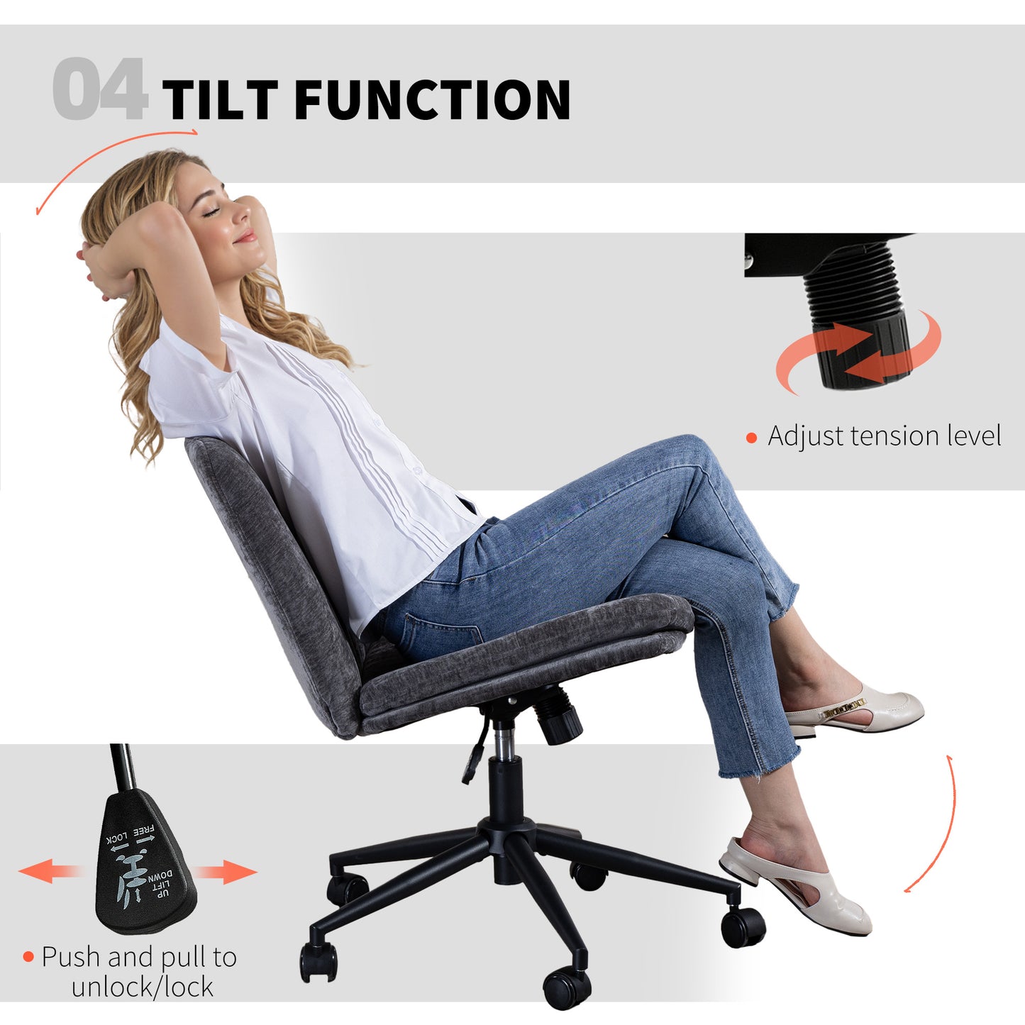 HOMCOM Wide Armless Criss Cross Office Chair, Adjustable Height, Tilting, Grey