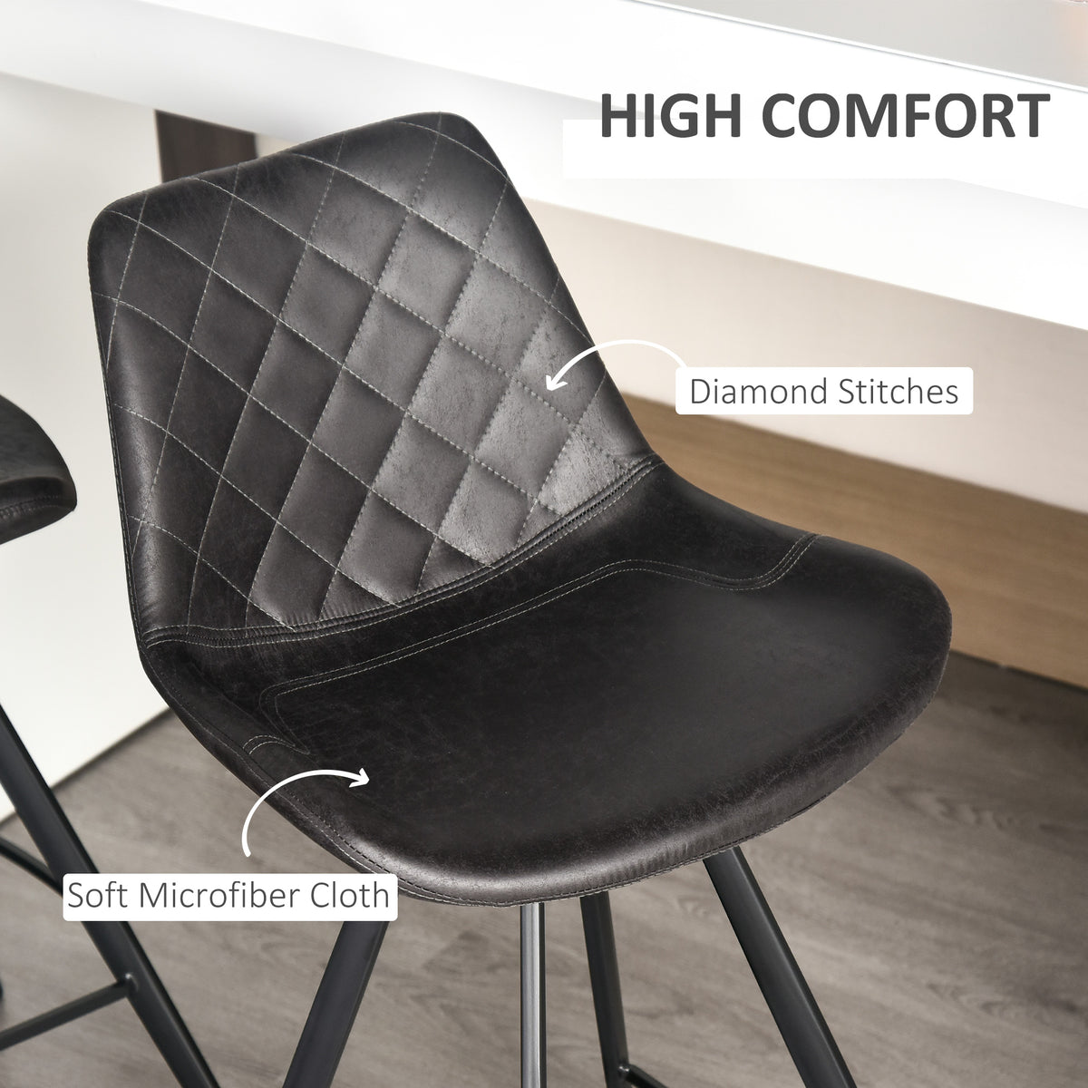 Argyle Microfiber Bar Stools with Metal Legs, Set of 2, Black