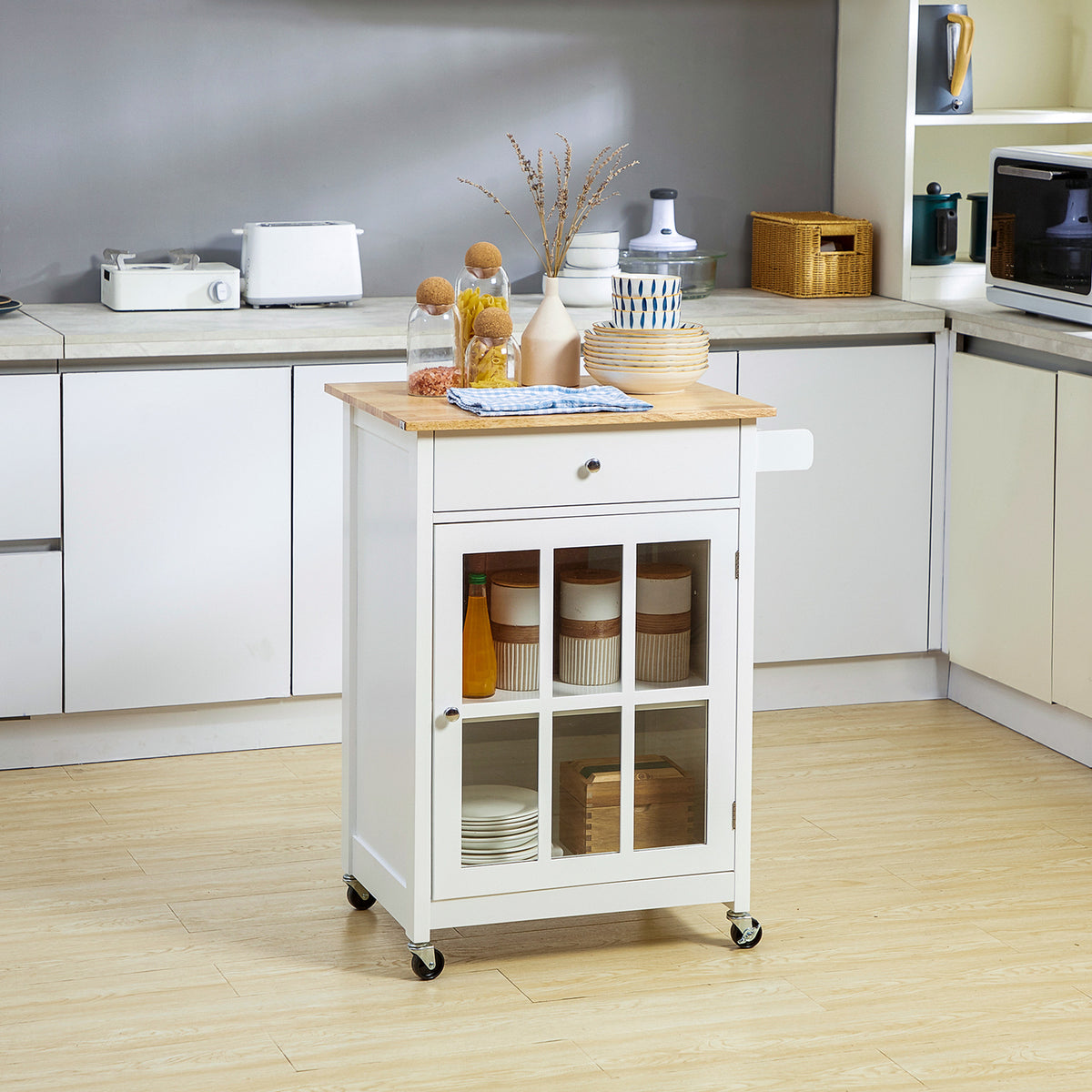 Rolling Kitchen Cart with Drawer and Glass Door Cabinet – 27"W x 34"H
