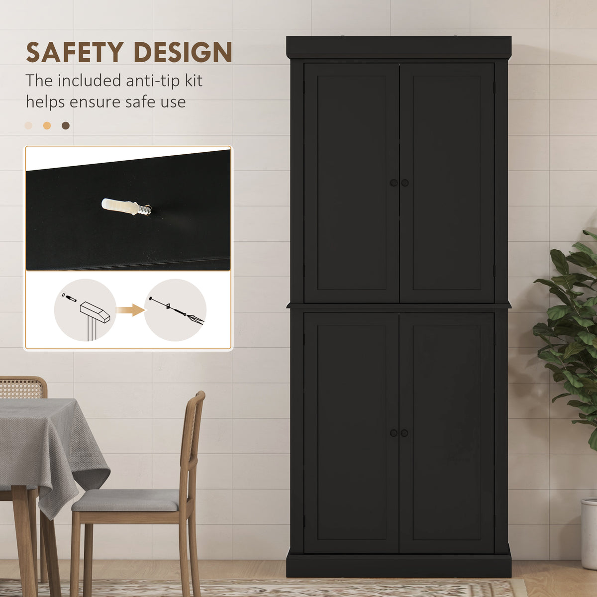 Freestanding Kitchen Pantry Cabinet with 4 Doors – 30"W x 73"H, Black
