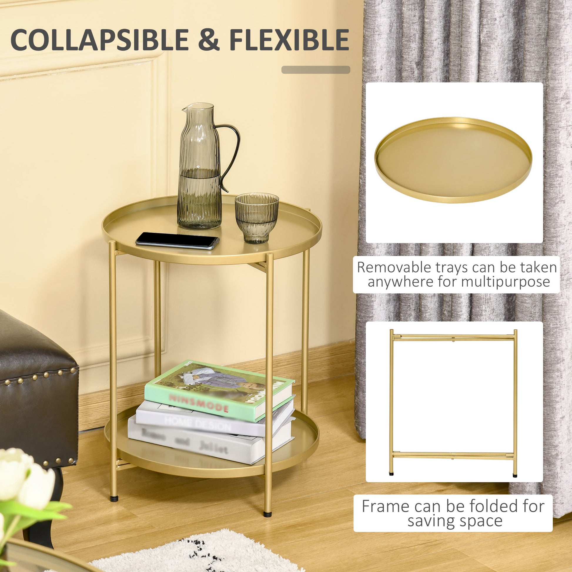 HOMCOM 2-Tier Gold Round Side Table Nightstand with Removable Trays, Folding Metal Frame