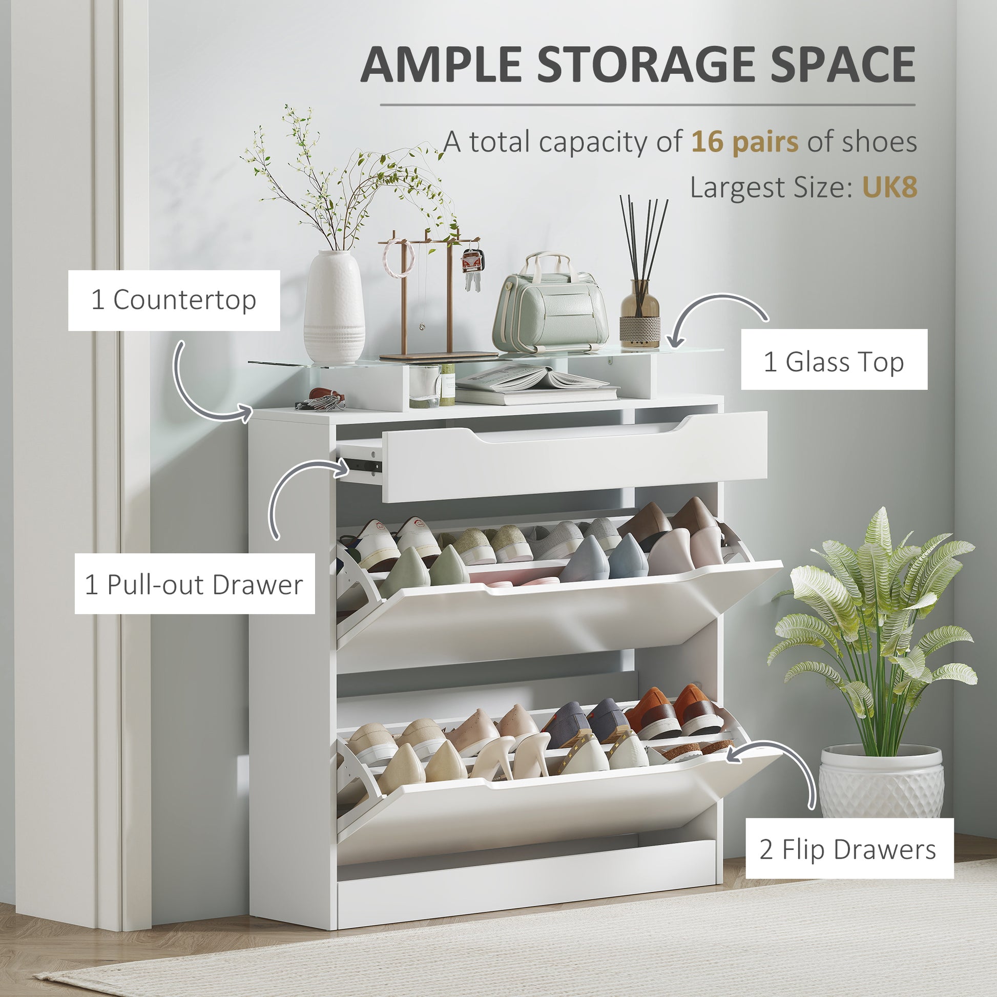 HOMCOM White High Gloss Shoe Cabinet with Adjustable Flip Drawers