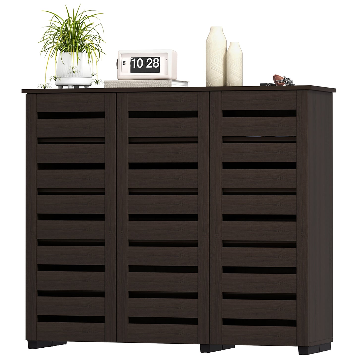 HOMCOM Narrow Entryway Shoe Cabinet, Slatted Doors, Adjustable Shelves, Dark Brown