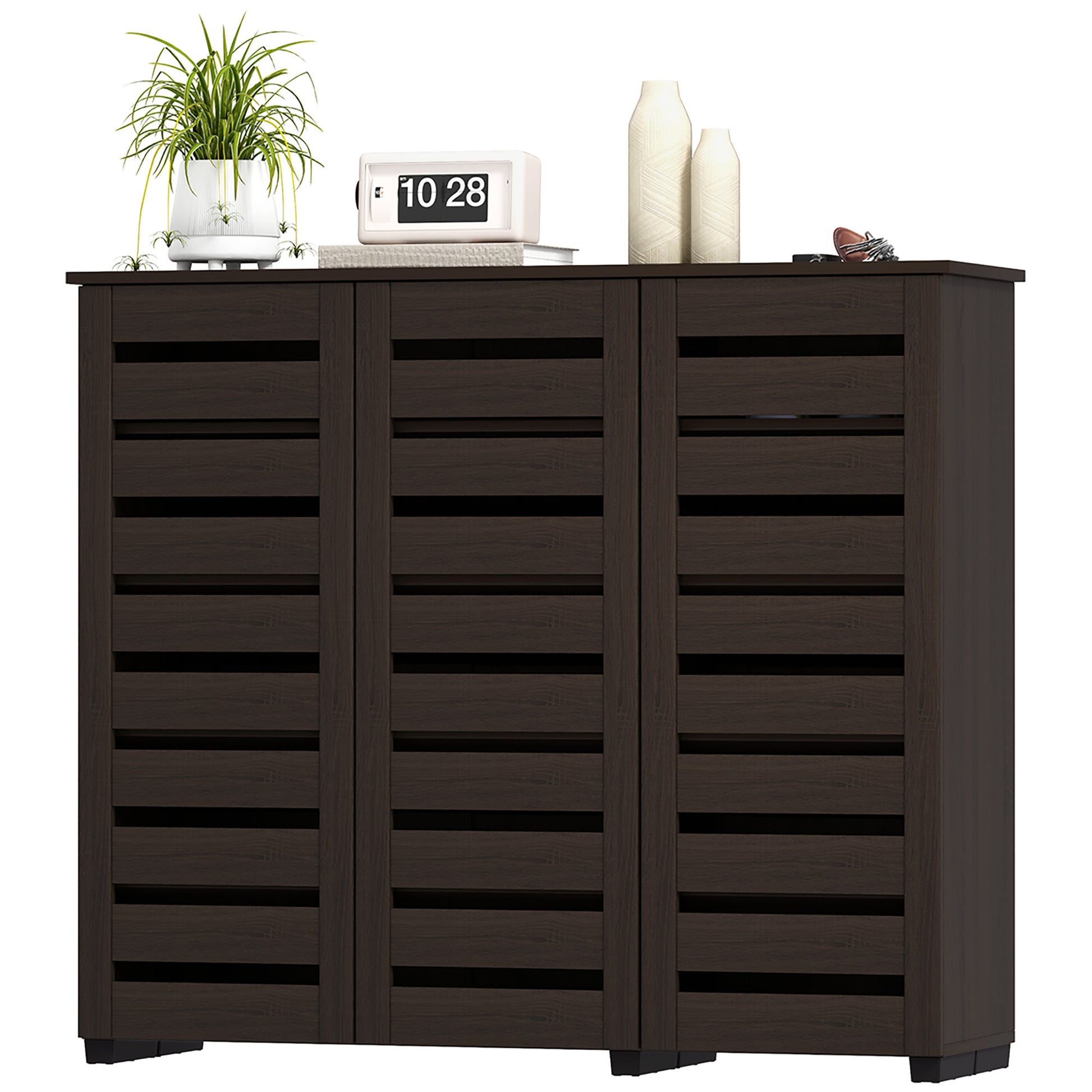 HOMCOM Narrow Entryway Shoe Cabinet, Slatted Doors, Adjustable Shelves, Dark Brown