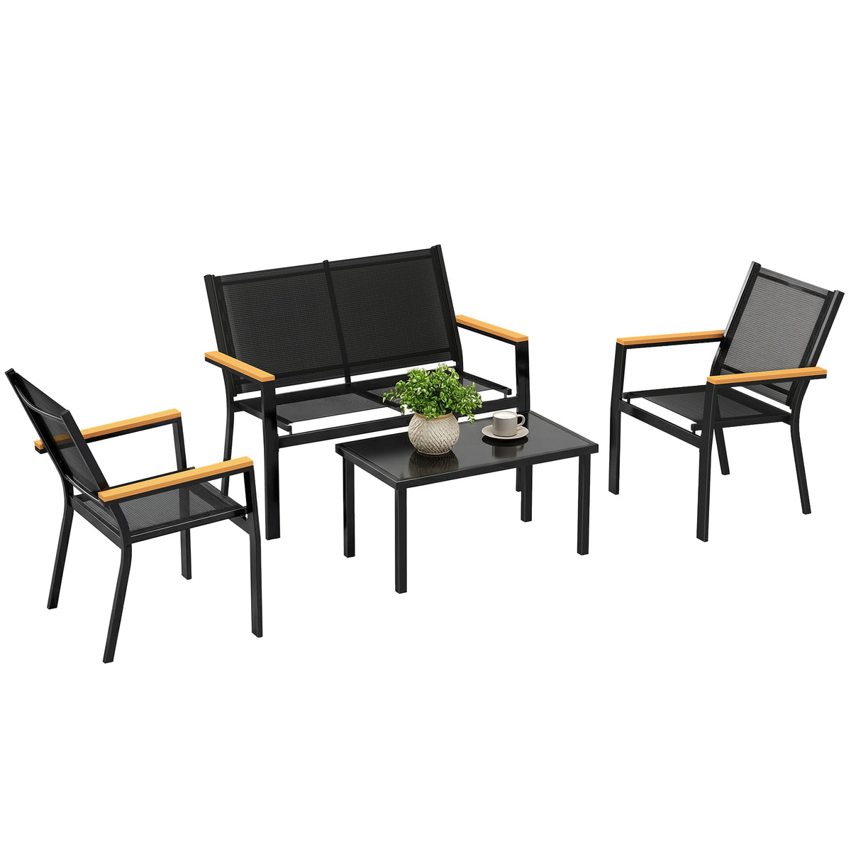 Outdoor 4 Piece Set Patio Furniture with Sofa, Tempered Glass Tabletop for Garden Backyard Porch