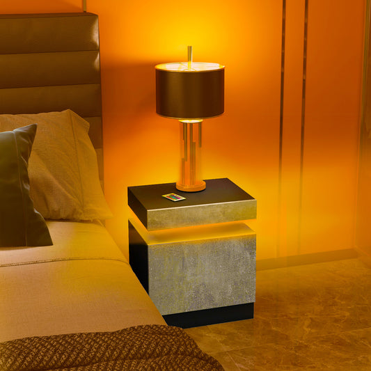 Modern High Gloss Nightstand Bedside Table with LED Lights, 2 Drawers, Grey