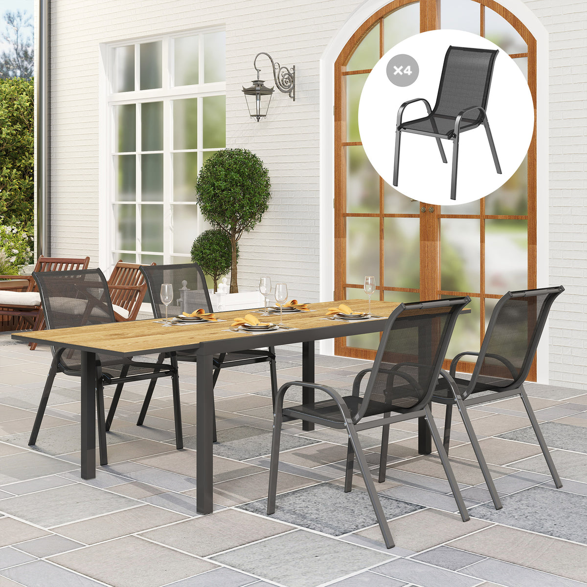 Set of 4 Outdoor Dining Chairs, Stackable Lawn Chairs with High Back, Breathable Mesh Seat for Garden Porch – Black