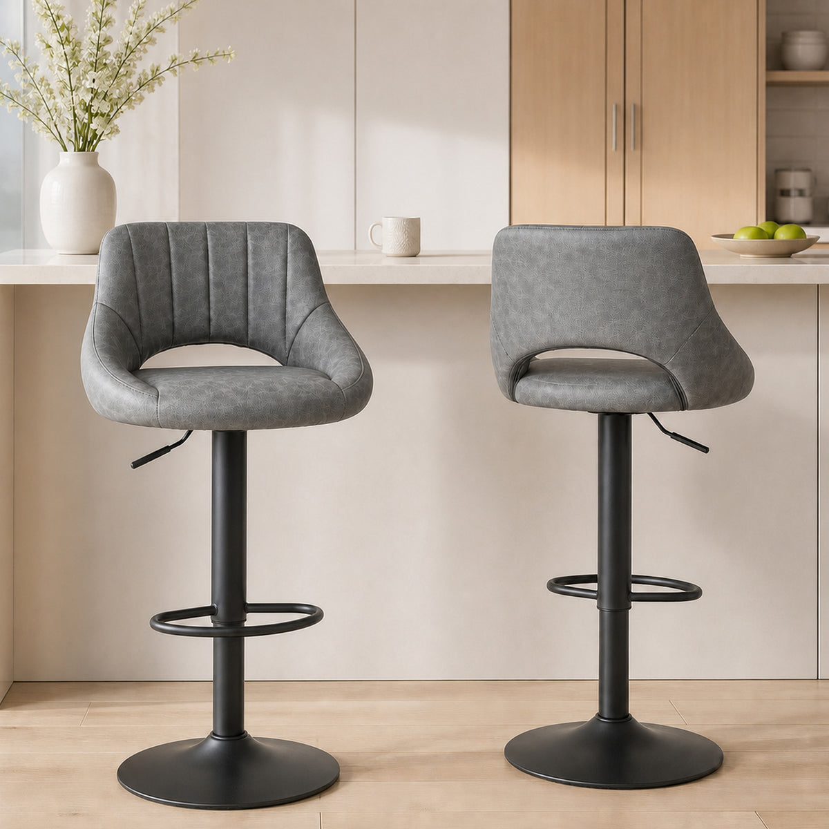 Faux Leather Swivel Counter Stools with Cutout Back, Set of 2, Grey