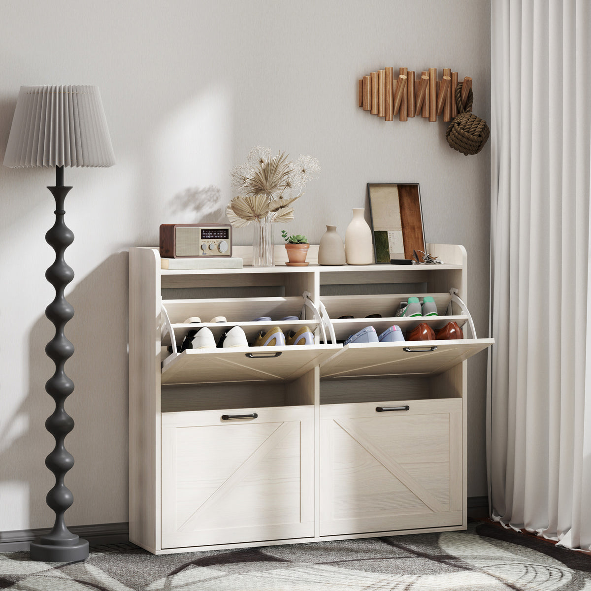 Narrow Shoe Storage Cabinet with 4 Flip Drawers – 41"W x 35"H