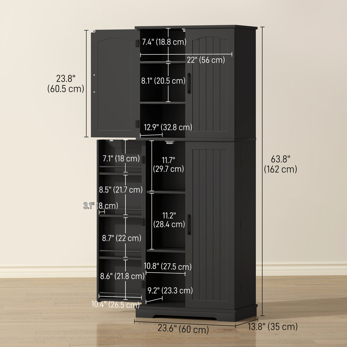 Storage Cabinet with Adjustable Shelves and 8 Door Spice Racks – 24"W x 64"H