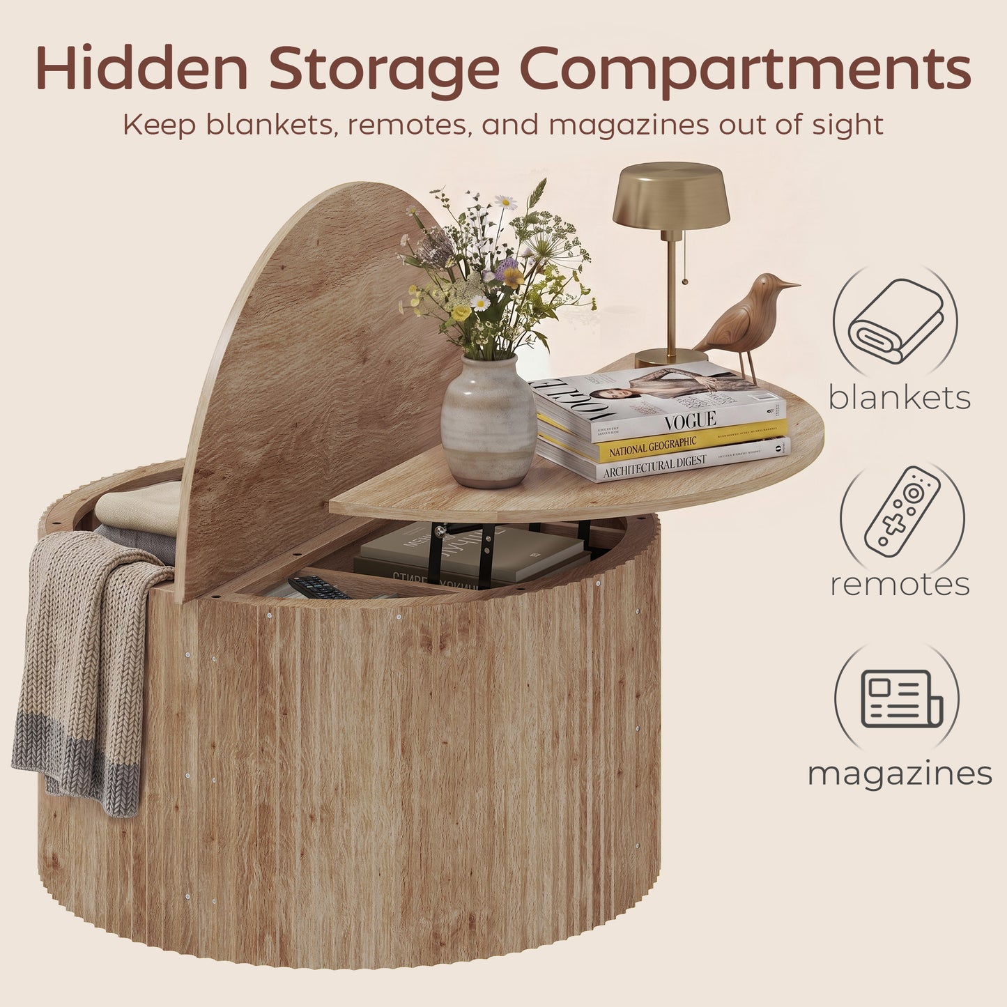 HOMCOM Round Lift Top Coffee Table 80cm Storage Natural Wood
