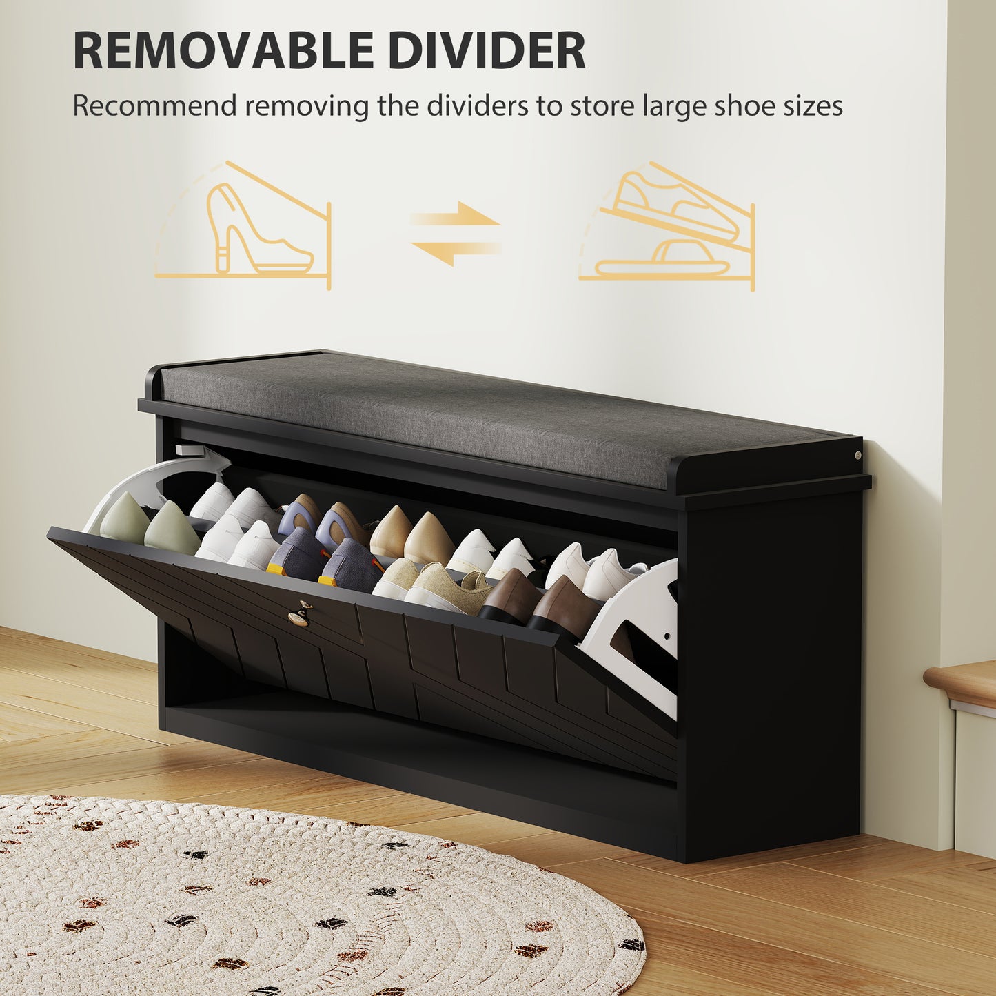 HOMCOM Upholstered Hallway Shoe Bench with Flip Drawer, Adjustable Storage Shelf