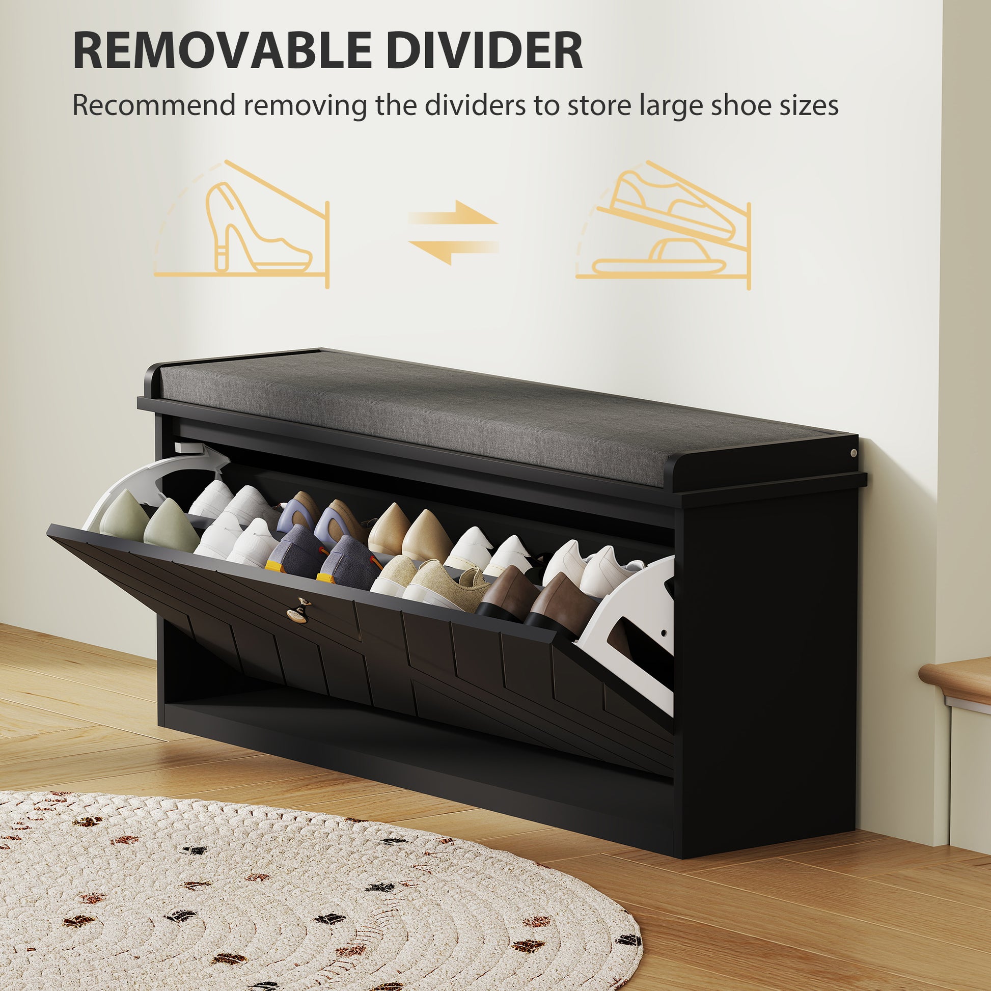 HOMCOM Upholstered Hallway Shoe Bench with Flip Drawer, Adjustable Storage Shelf