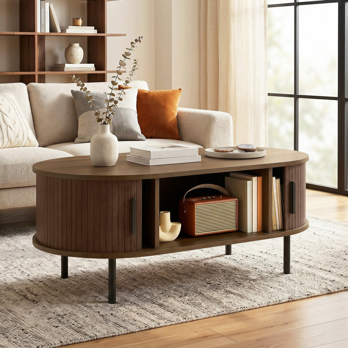 Coffee Table with Sliding Tambour Doors, 39" Brown