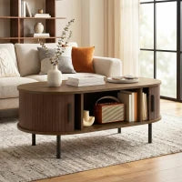 HOMCOM Coffee Table With Sliding Tambour Doors And Storage Center, 39" Brown