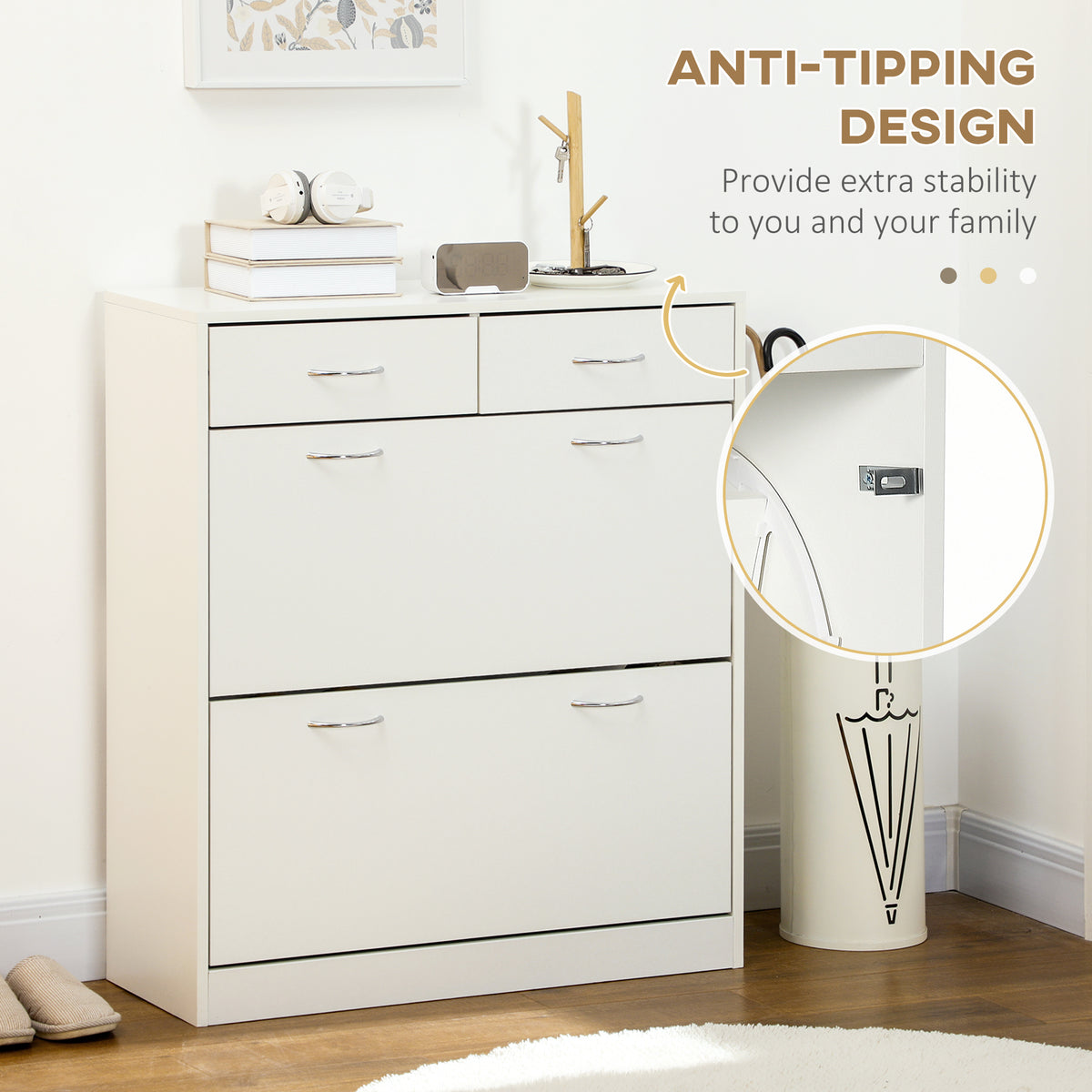 Narrow Shoe Storage with 2 Flip Drawers and Adjustable Shelves – 32"W x 36"H