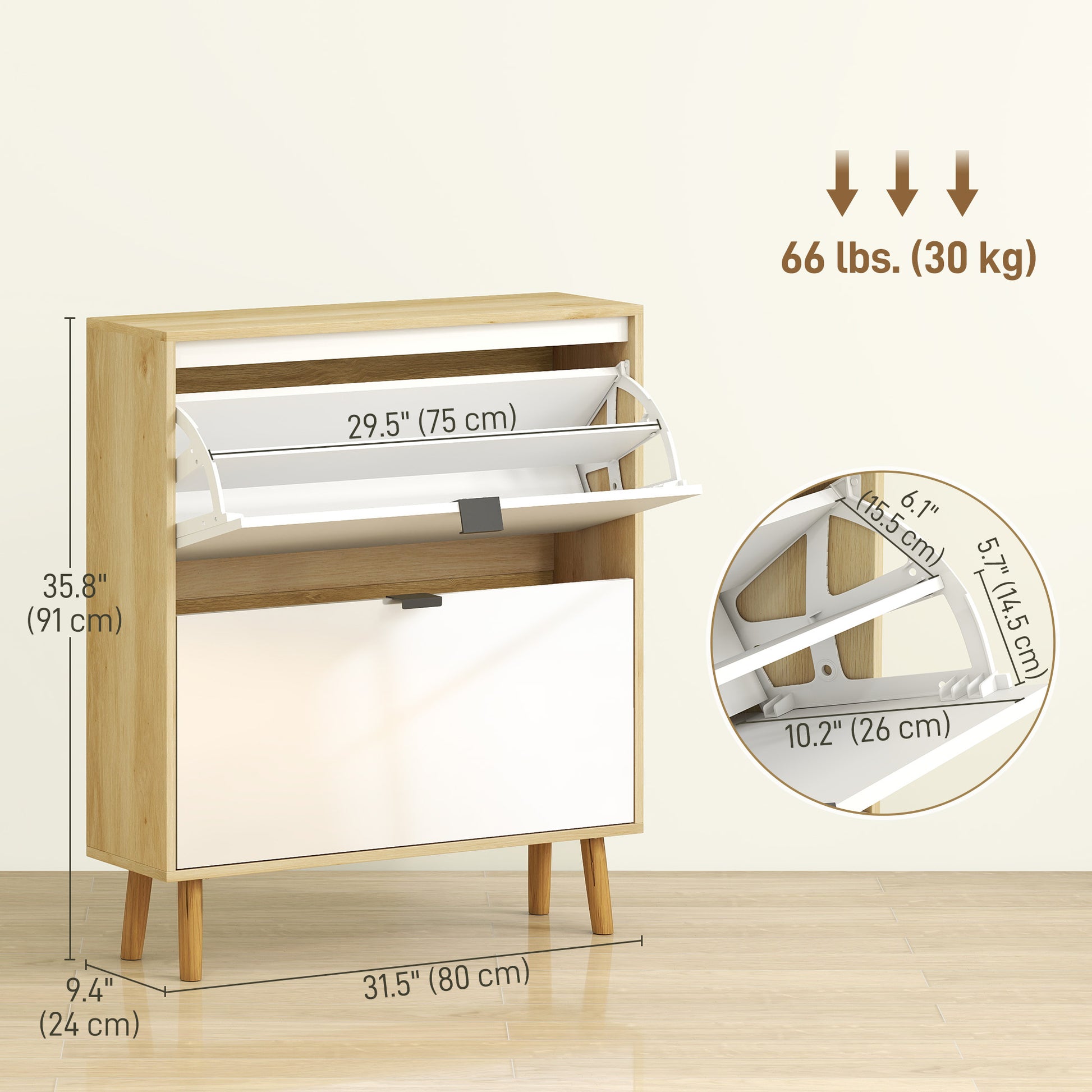 Space-Saving High Gloss White Shoe Cabinet, 2 Flip Drawers, Adjustable Shelves
