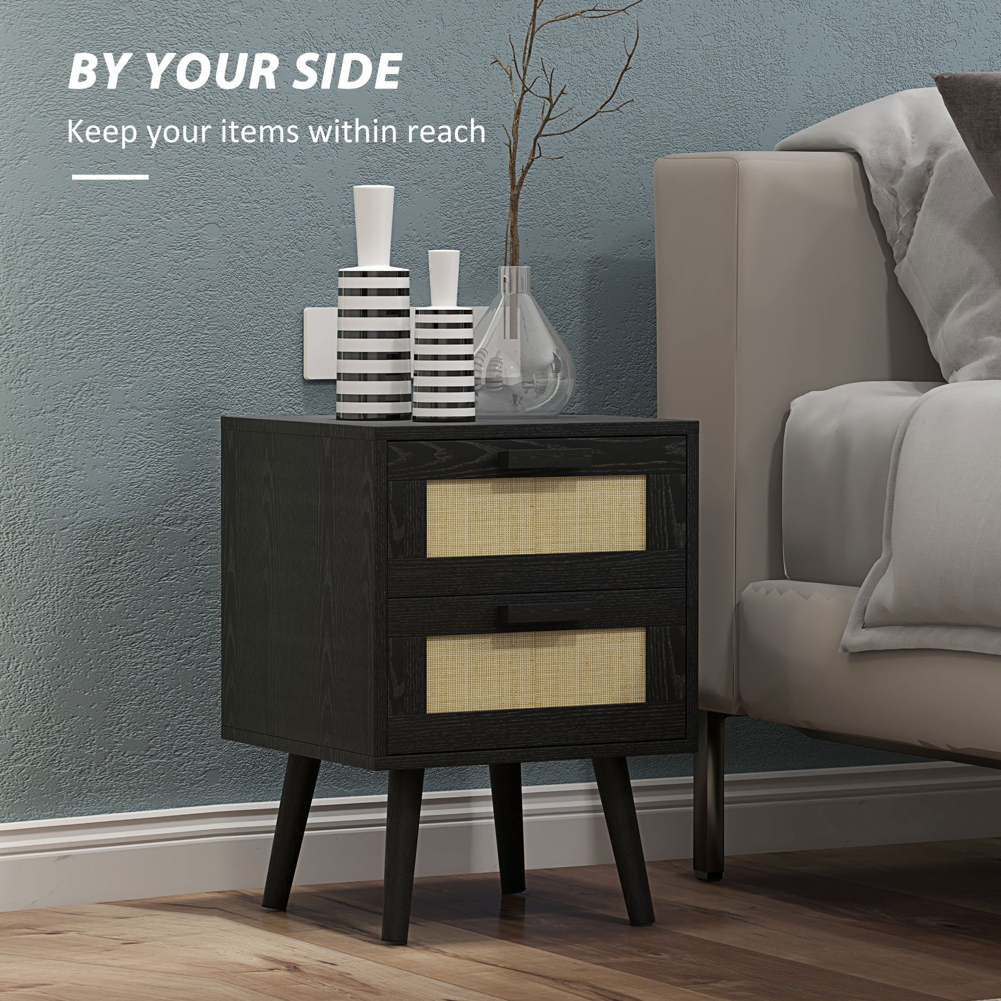 HOMCOM Boho Nightstands Set of 2, Black Bedside Tables with Storage Drawers