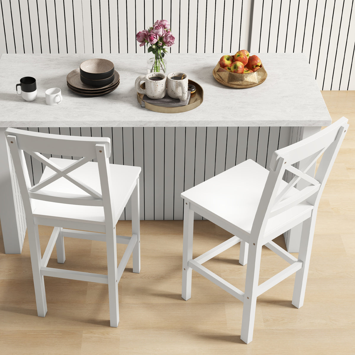 Farmhouse Solid Wood Counter Stools with Cross Backs, Set of 2, White
