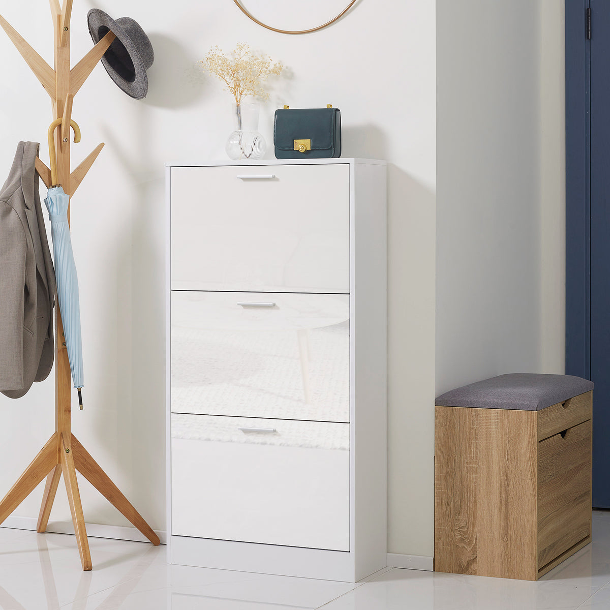 Slim Shoe Storage with 3 Flip Drawers and Adjustable Shelves – 23"W x 46"H