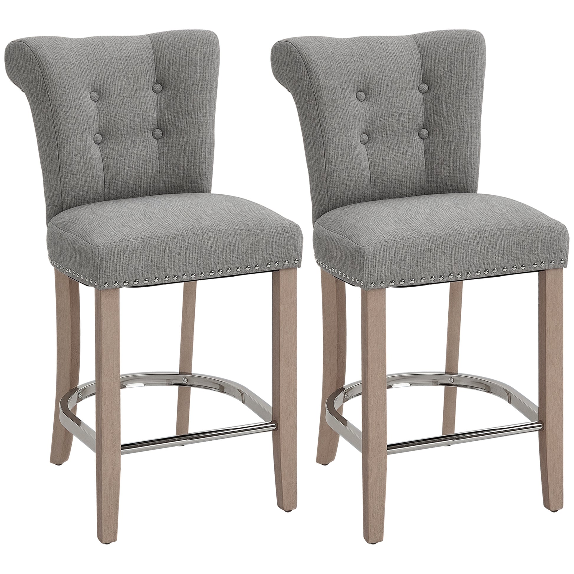 HOMCOM Grey Linen Counter Bar Stools, Set of 2, Solid Wood Legs