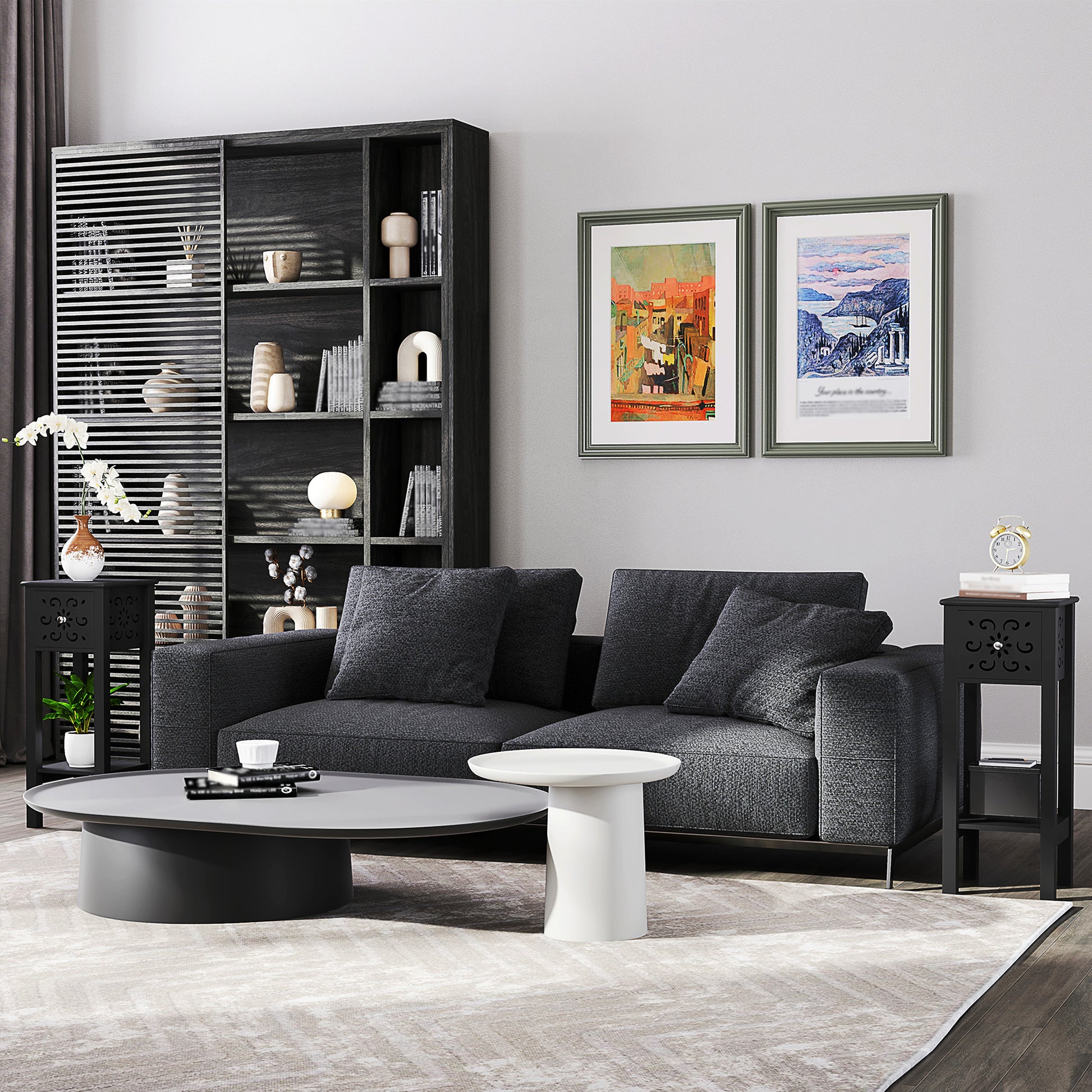 HOMCOM Modern Black Nightstand Set of 2 with Drawer & Open Shelf