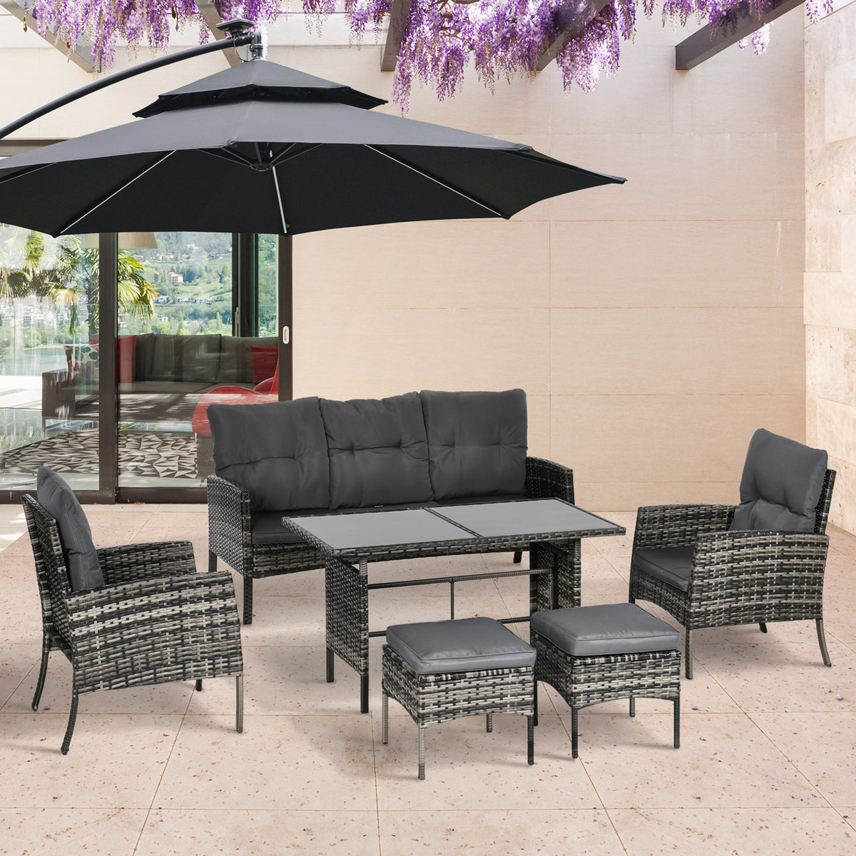 6 Piece Patio Furniture Set with Patio Chairs, Ottomans, Sofa, Glass Top Table and Cushions, Wicker Rattan Outdoor Furniture Set for Backyard, Porch
