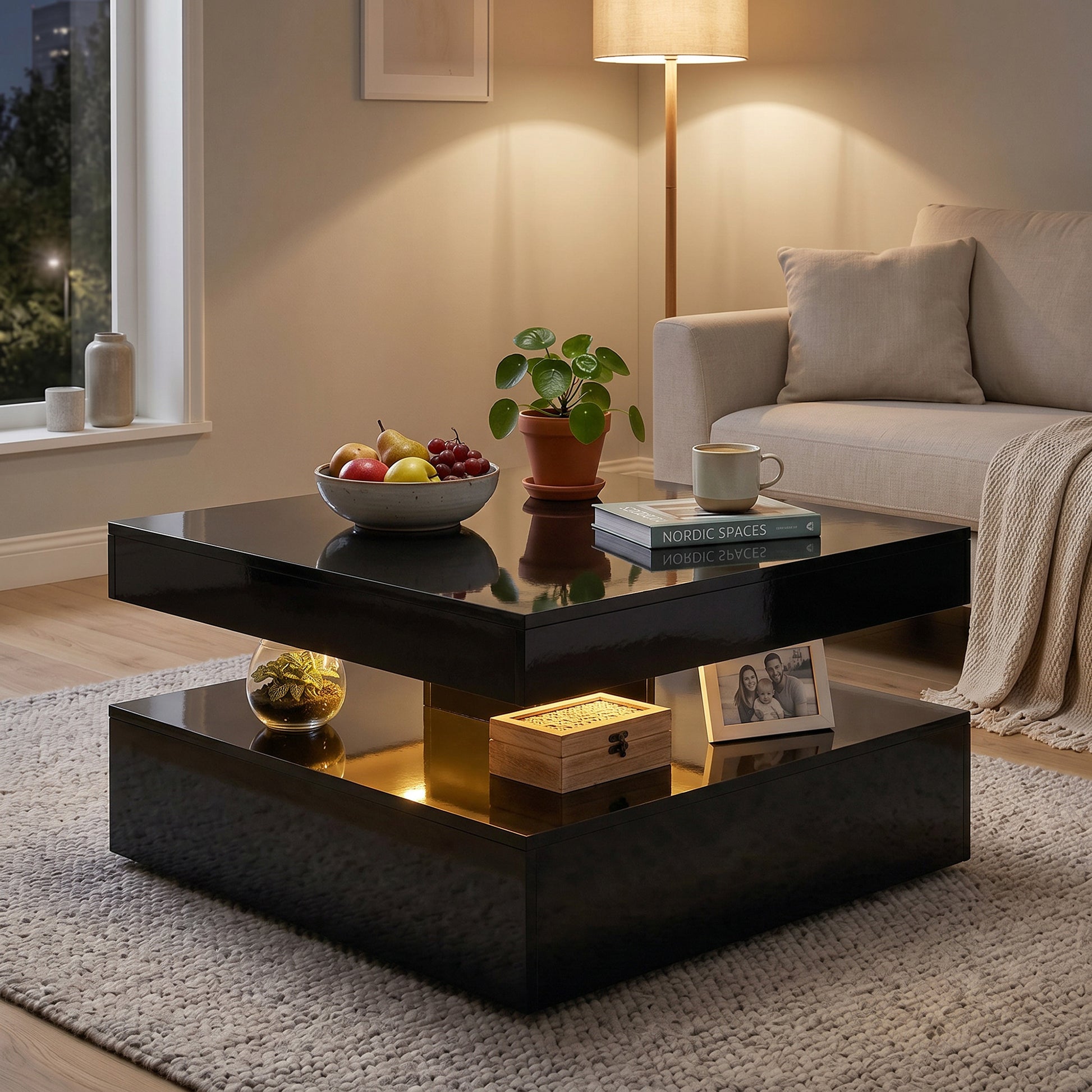 HOMCOM LED Coffee Table with Storage 2-Tier High Gloss Black