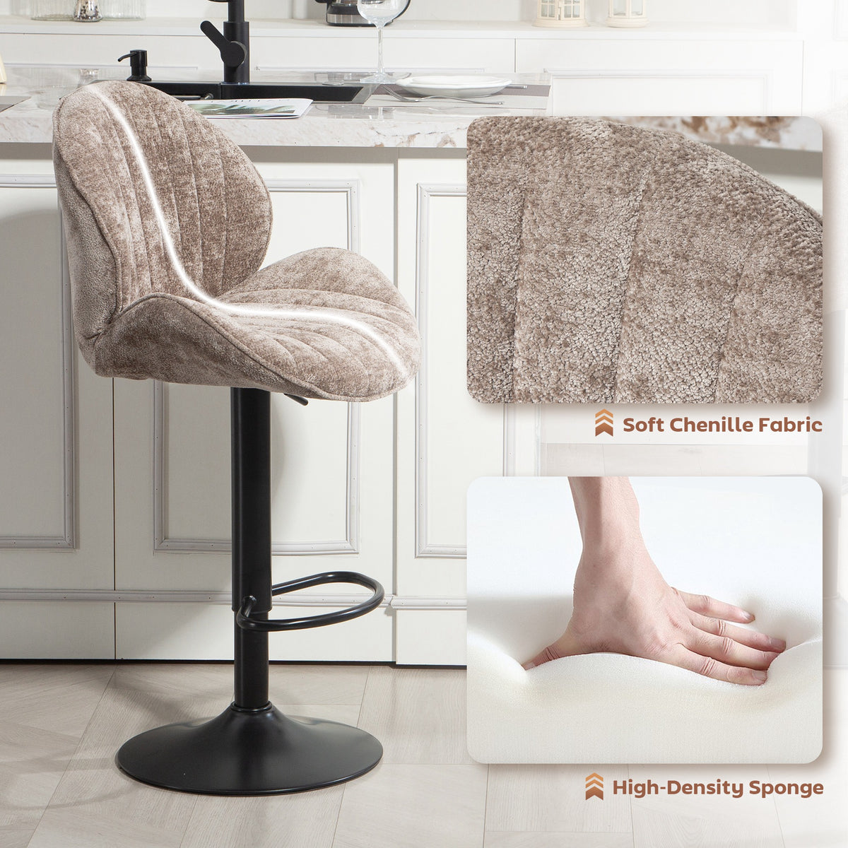 Chenille Shell-Back Swivel Bar Stools, Adjustable Height, Set of 2
