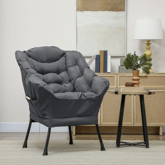 HOMCOM Modern Grey Accent Chair Armchair Side Pockets Steel Legs