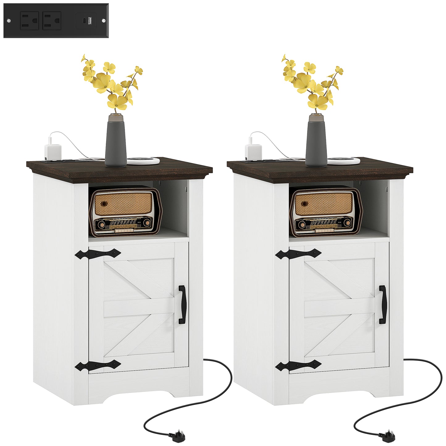 HOMCOM Set of 2 White Nightstands with Charging Outlets, Rustic Side Tables