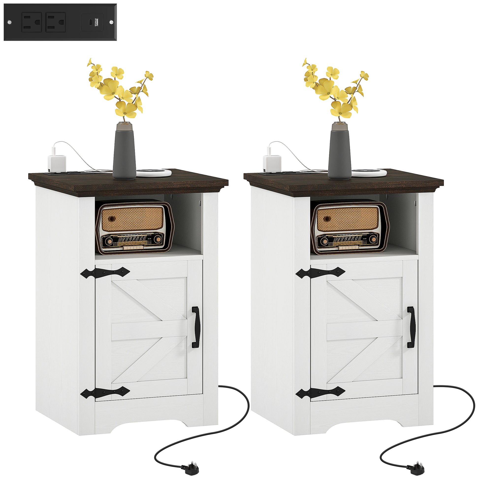 HOMCOM Set of 2 White Nightstands with Charging Outlets, Rustic Side Tables
