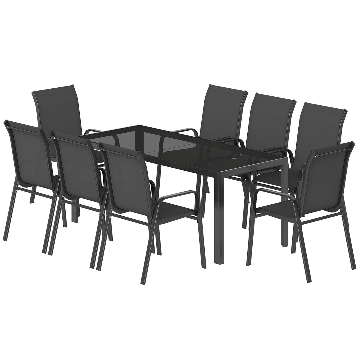 Outdoor Dining Sets for 8 with Stackable Chairs, Patio Dining Set with Glass Top Table for Garden, Patio, Backyard – Black