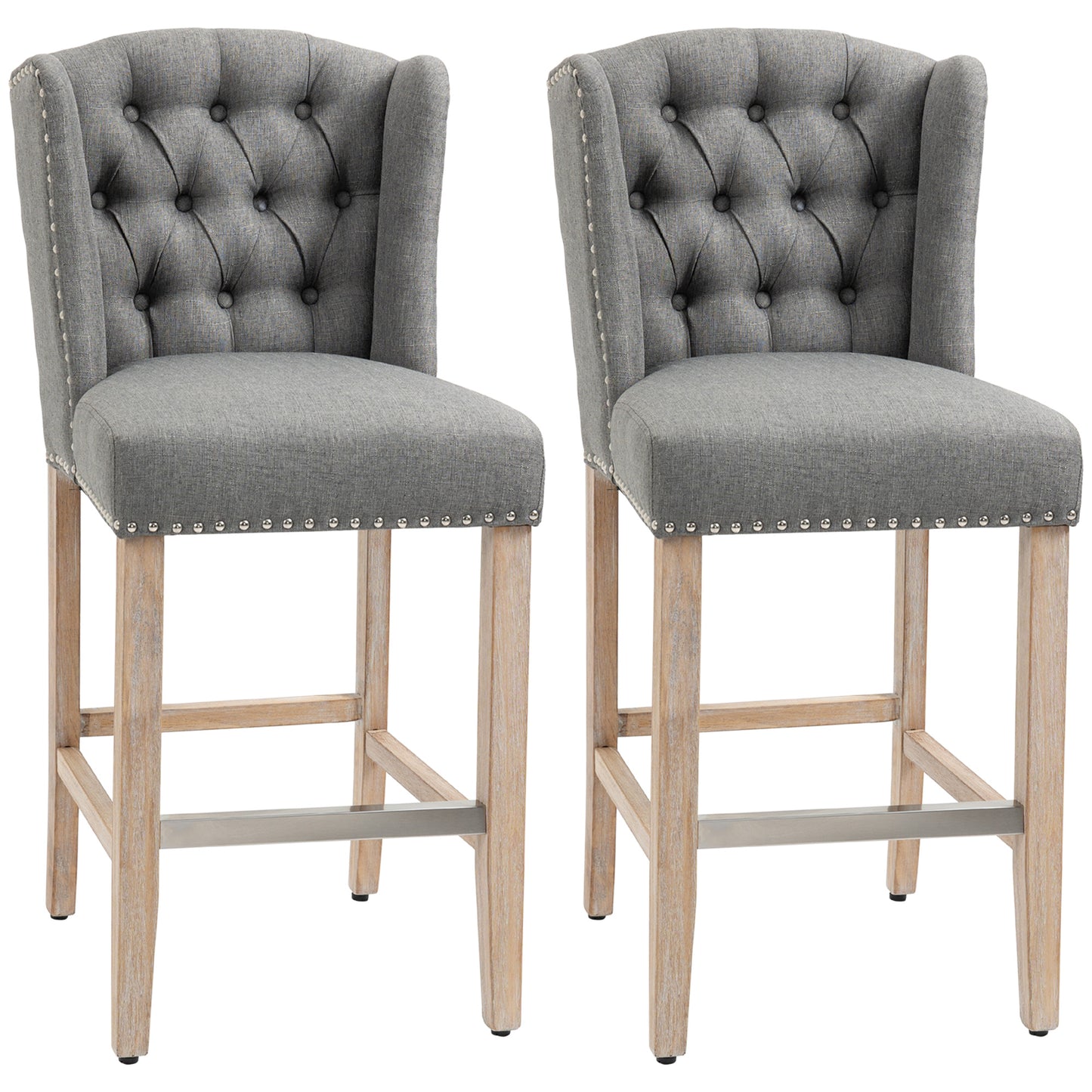 HOMCOM 2-Piece Grey Upholstered Counter Height Bar Stools, Nailhead Backrest