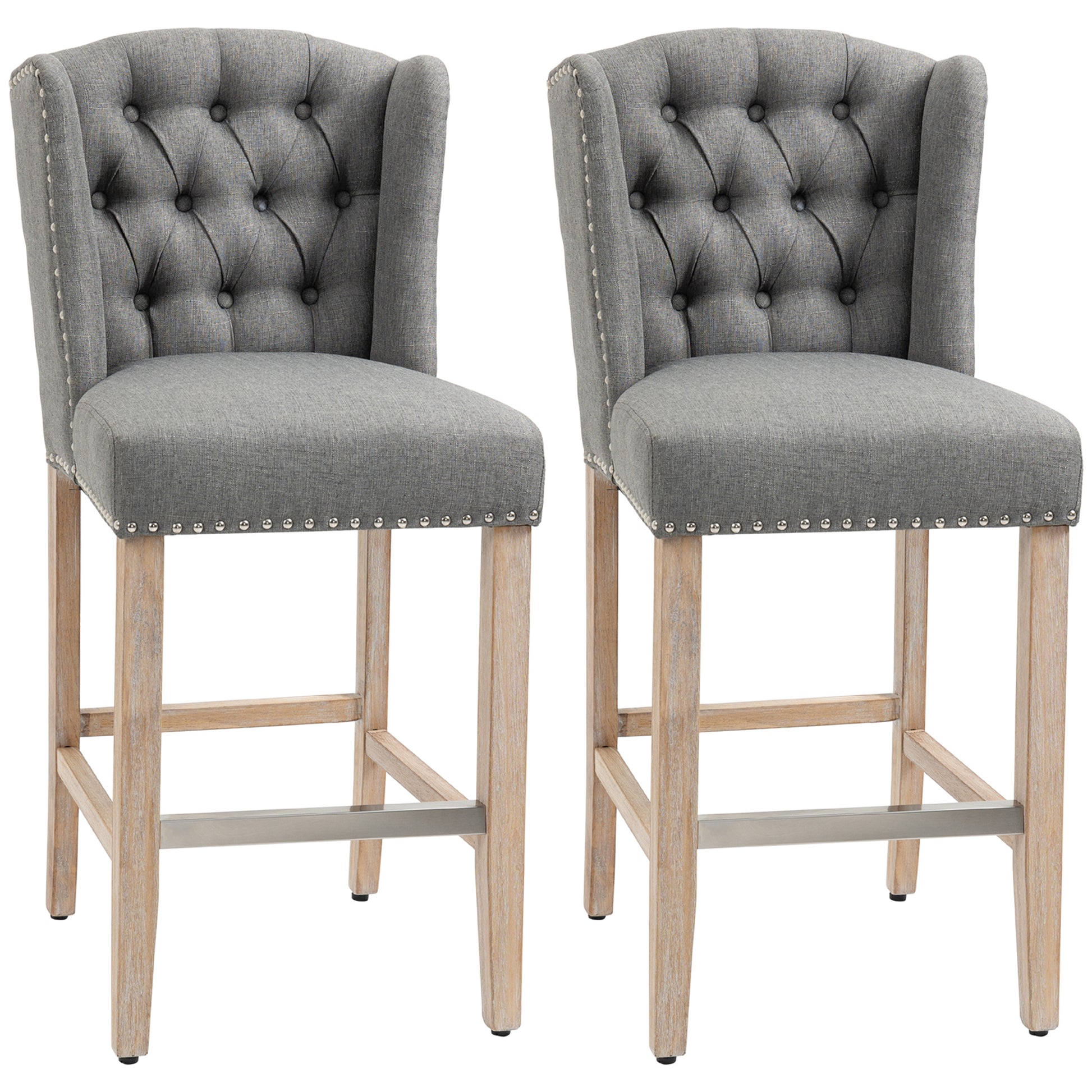 HOMCOM 2-Piece Grey Upholstered Counter Height Bar Stools, Nailhead Backrest