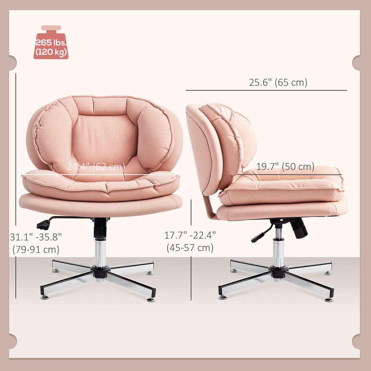 Criss Cross Chair, Armless Wide Office Chair with Leathaire Upholstery, Tilting, Pink