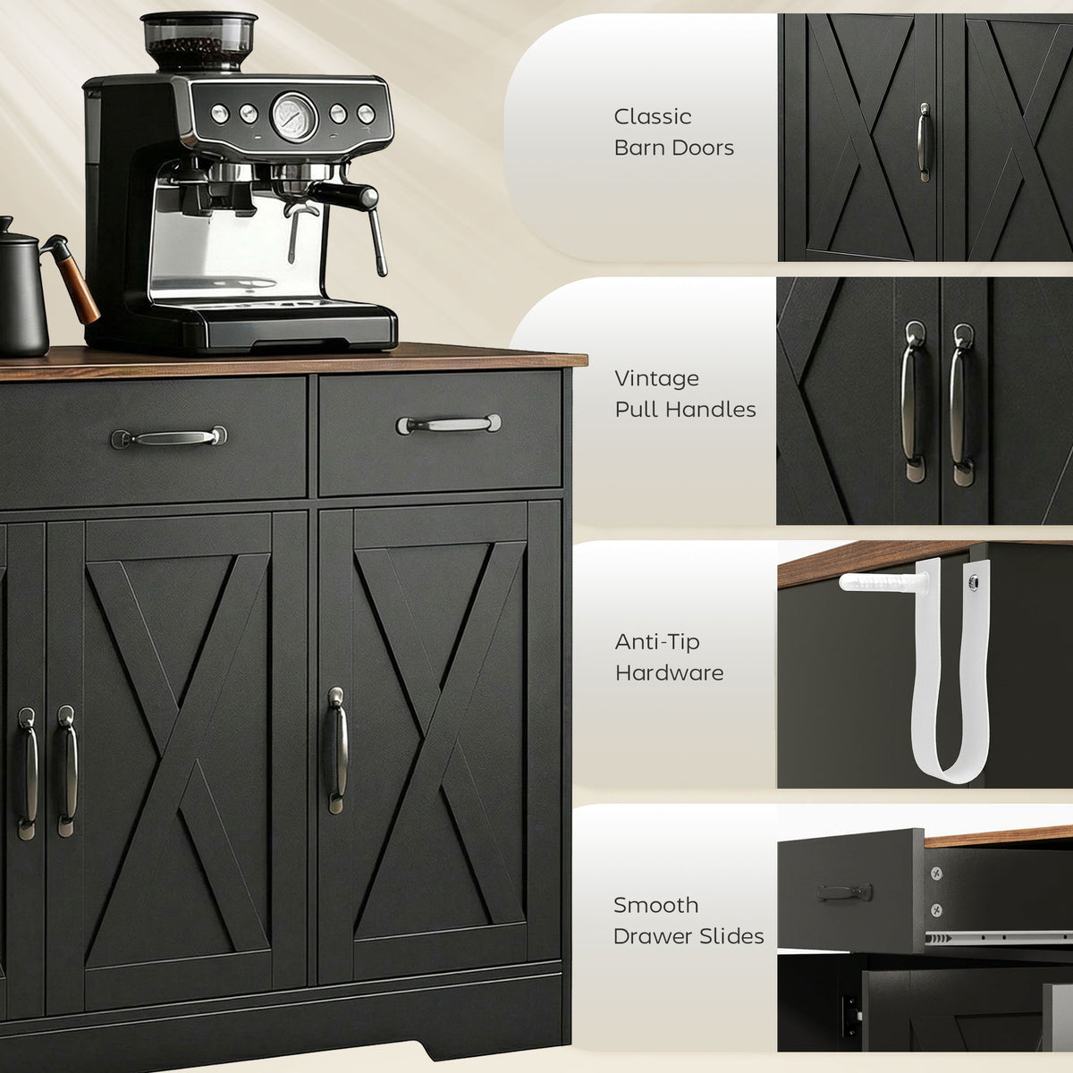 Farmhouse Kitchen Cabinet with 3 Barn Doors – 43"W x 32"H