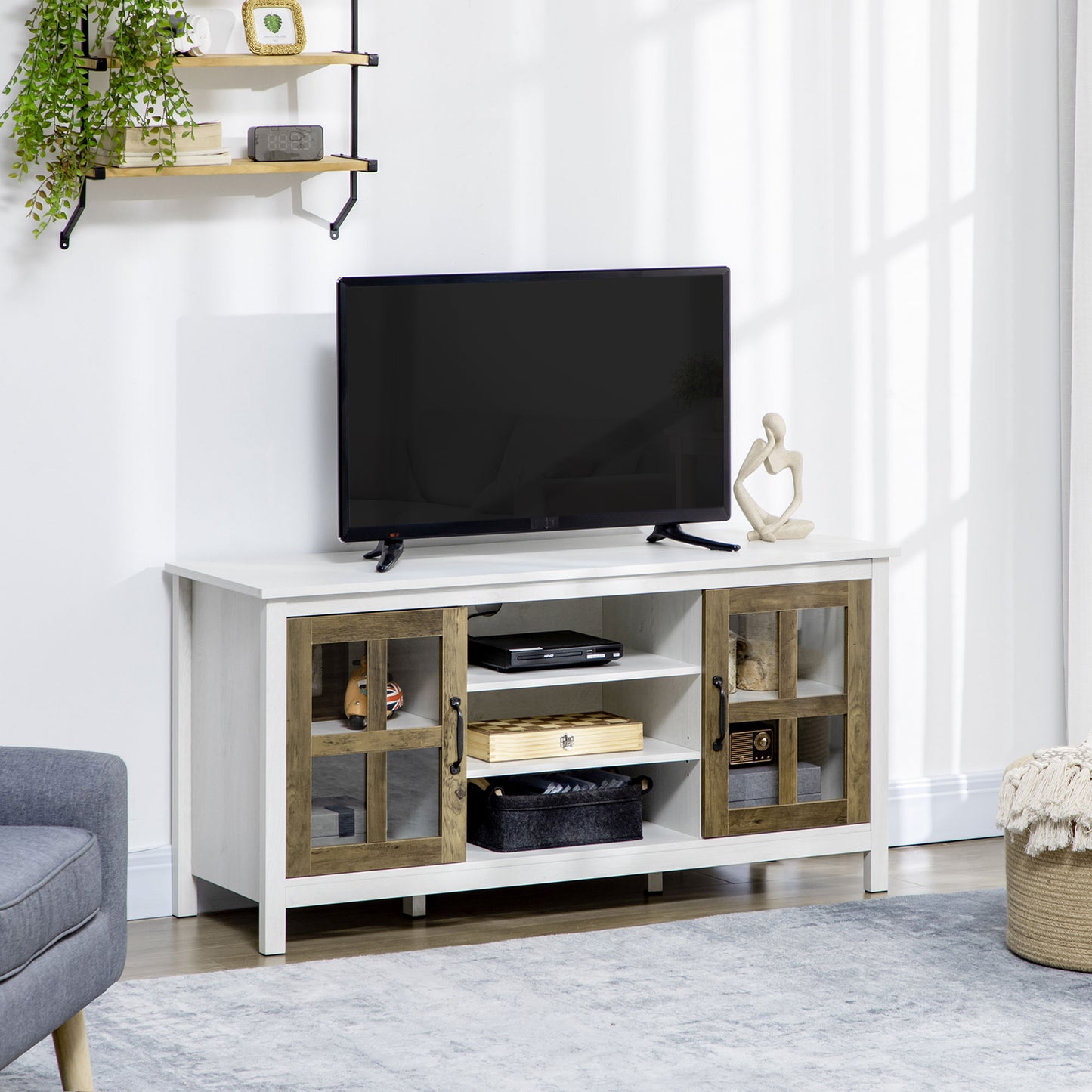 HOMCOM Modern Farmhouse TV Stand Cabinet for 55-inch TVs with Storage, White