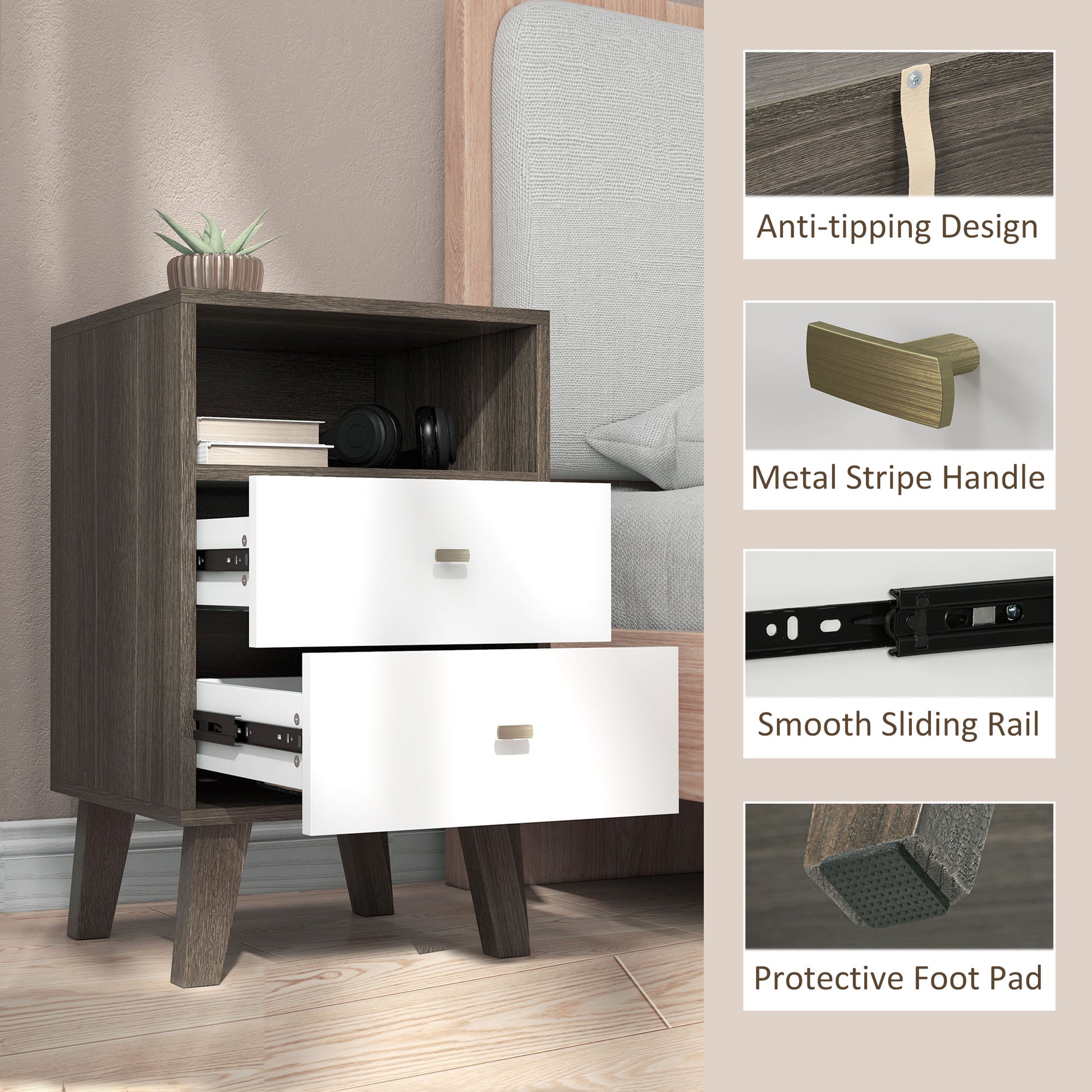 HOMCOM Modern Grey White Nightstand Set, 3 Drawers, Open Storage
