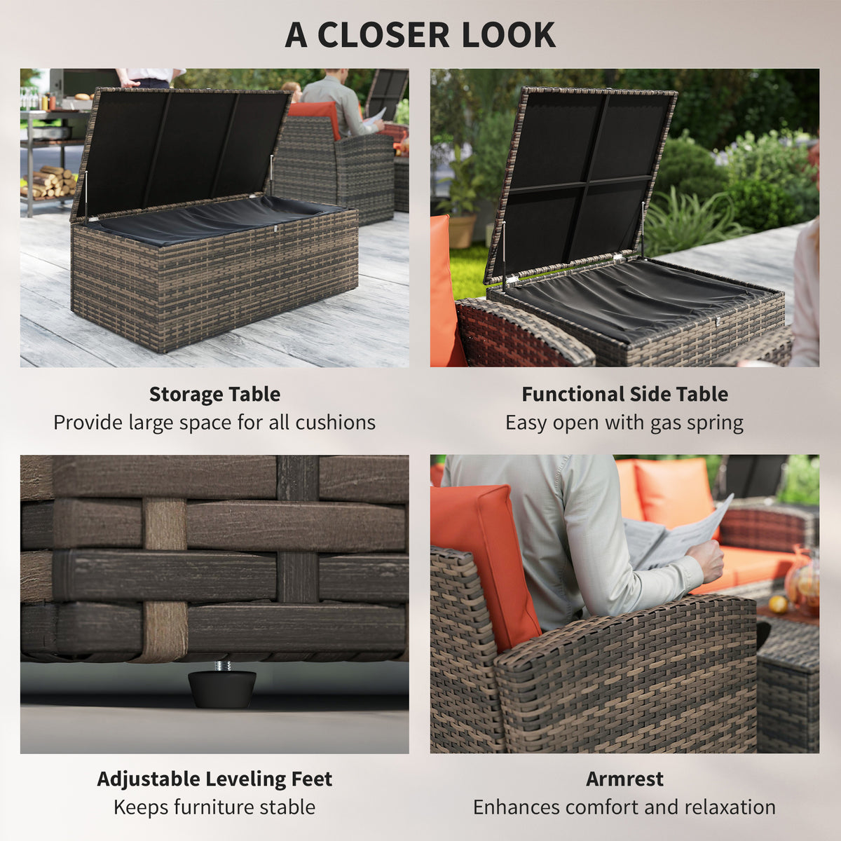 6 Pieces Wicker Patio Furniture Set with Cushions, 7-Seater Rattan Patio Sofa Set with Storage Table
