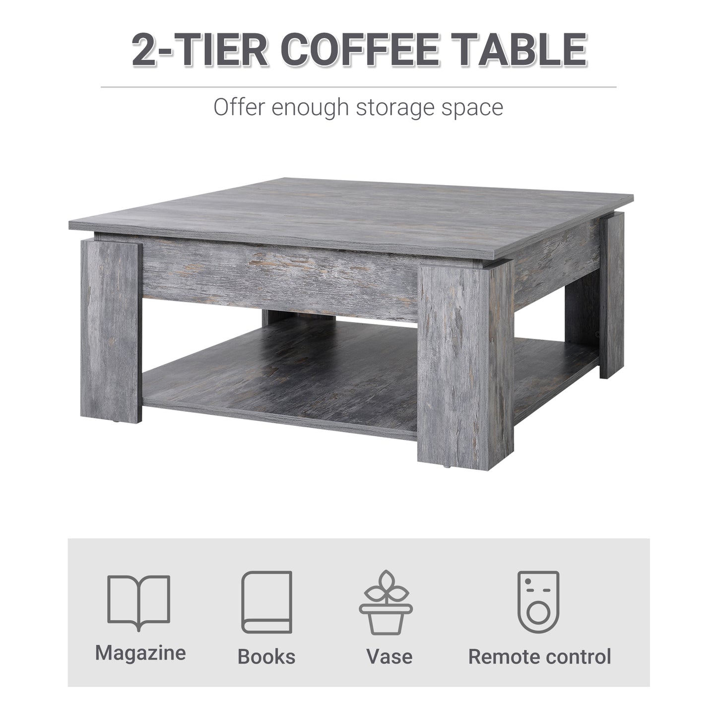 HOMCOM Modern Square Coffee Table with Two-Tier Storage Shelf, Wood Grain Finish