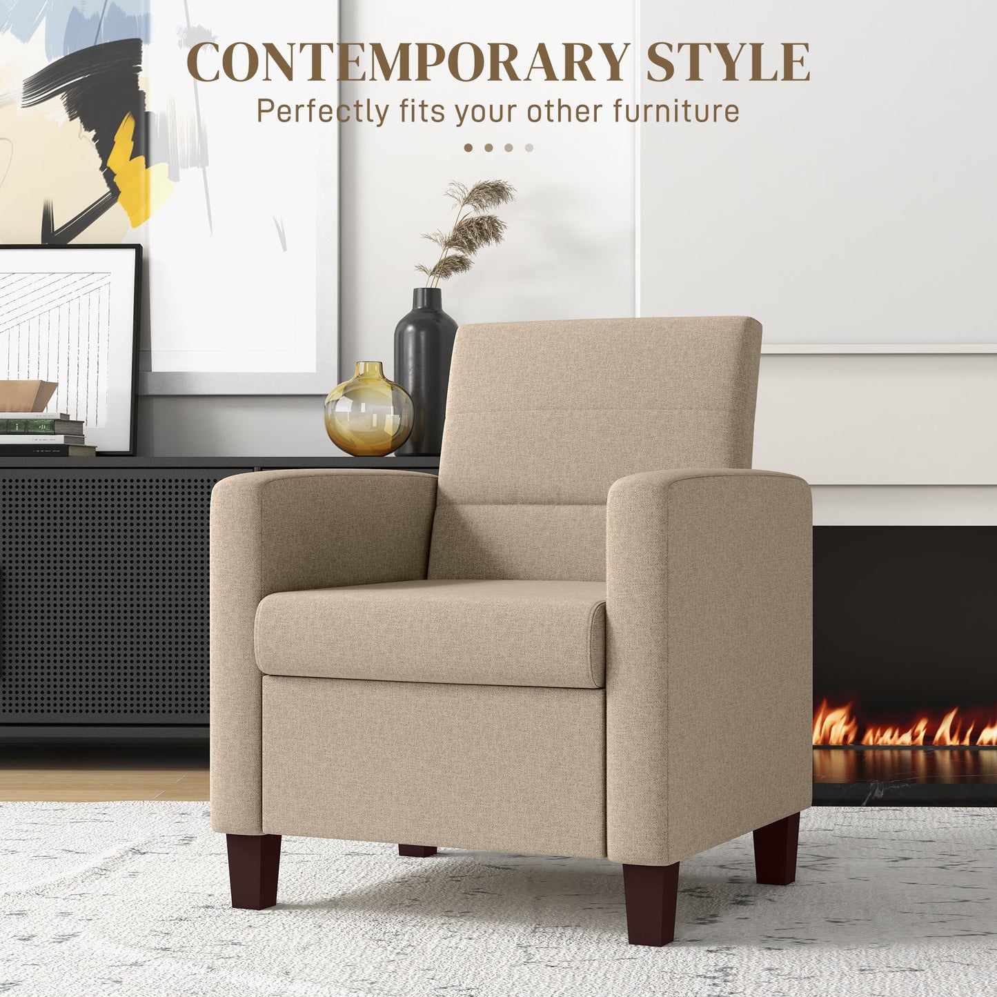 HOMCOM Modern Light Brown Fabric Accent Chair with Supportive Cushion and Non-Slip Pads