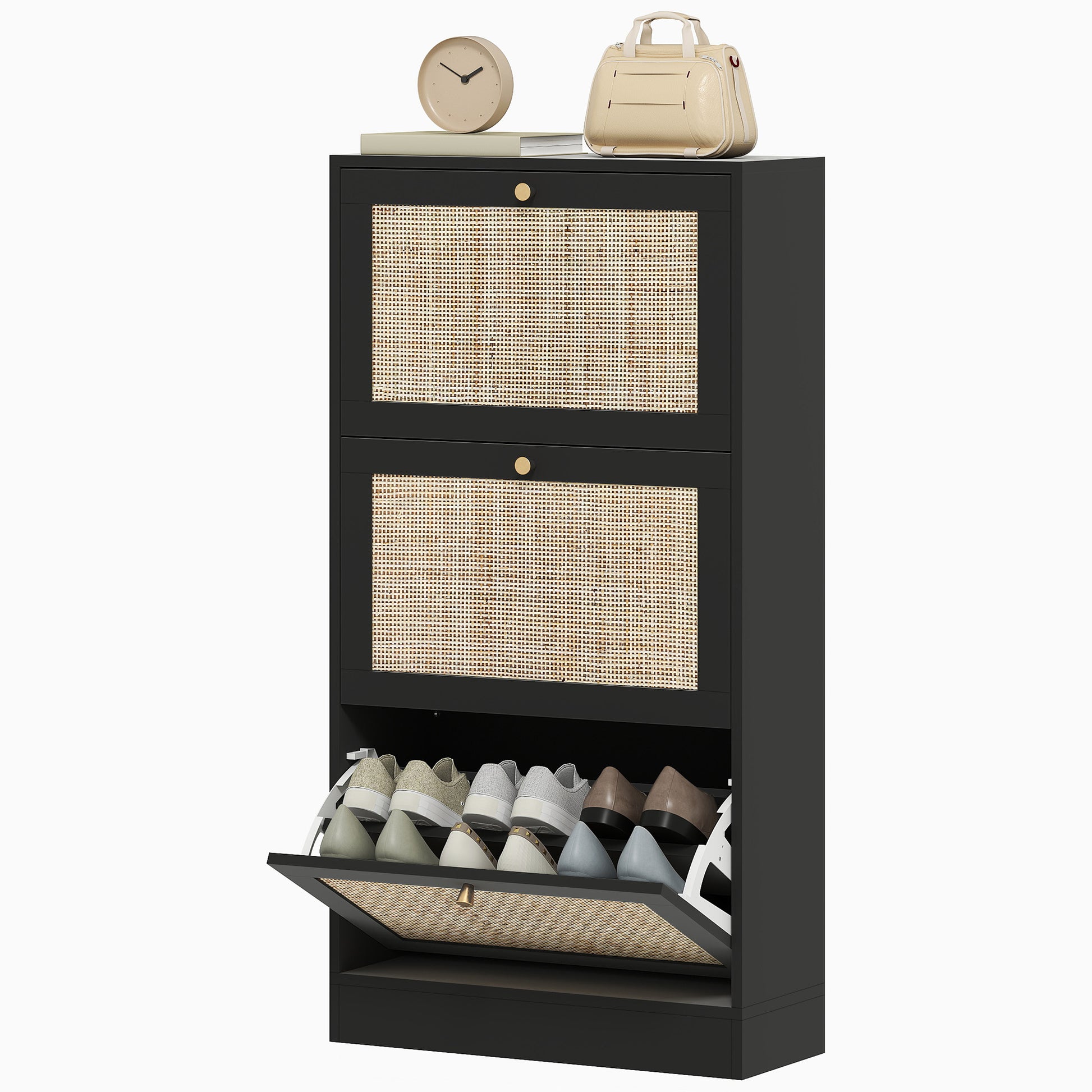 Elegant Rattan Entryway Shoe Cabinet with 3 Flip-Down Drawers, Adjustable Shelves, Organizes 18 Pairs