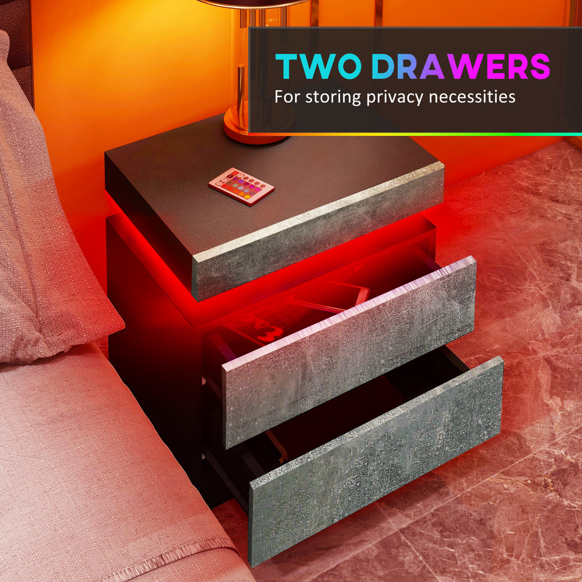 LED Nightstand with 2 Drawers – 18"W x 21"H