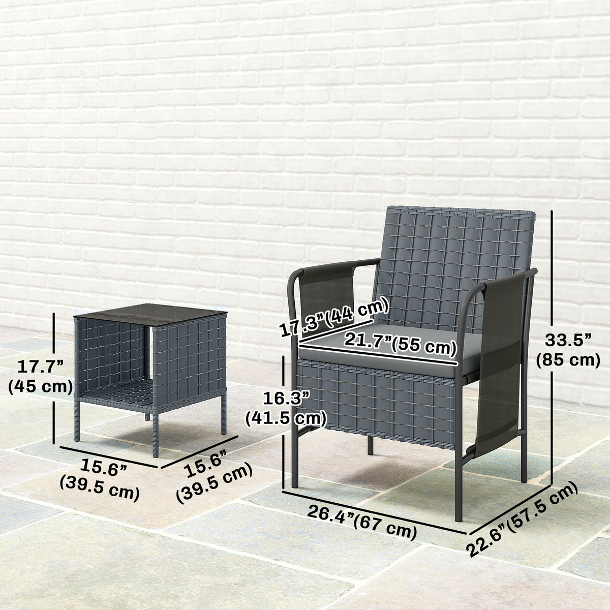 3 Piece Wicker Patio Furniture Set, Outdoor Bistro Set, Side Pockets, Mesh Seat, 2 Tier Glass Table, Cushions – Grey