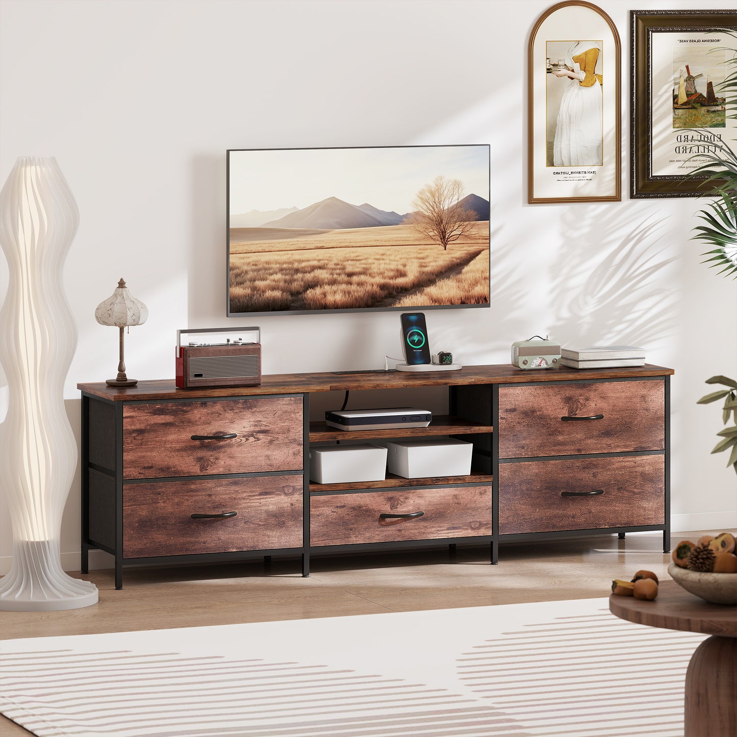 HOMCOM TV Stand for TVs up to 70 Inch, Industrial TV Console with Charging Station, 5 Drawers and Open Shelves, Rustic Brown